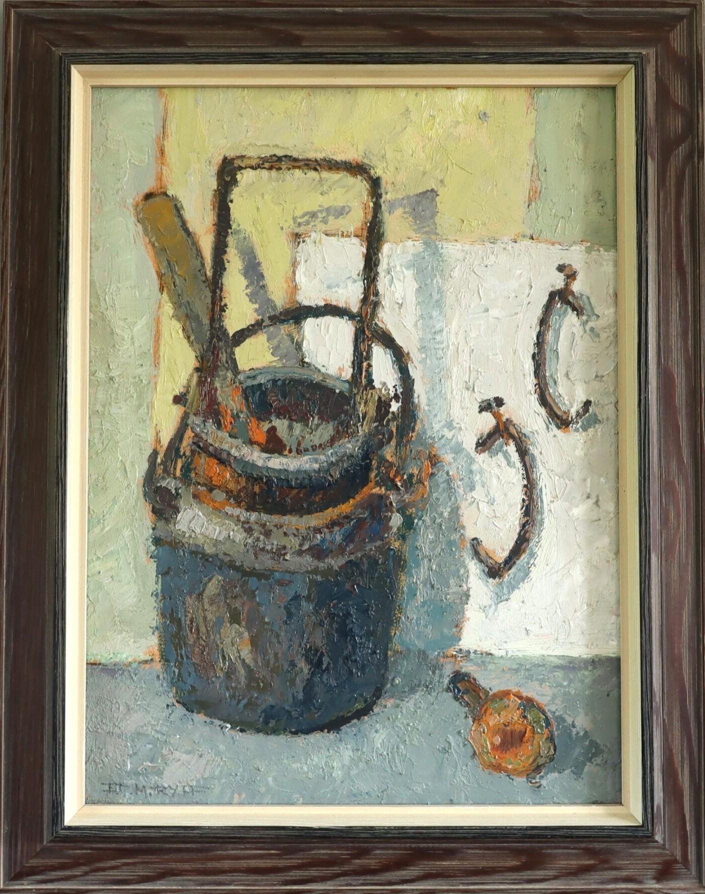 Pintura al óleo sueca expresiva de bodegón moderno de mediados de siglo -  Cubos y ganchos