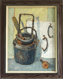 Vintage Mid Century Modern Swedish Expressive Still Life Oil Painting -  Buckets & Hooks