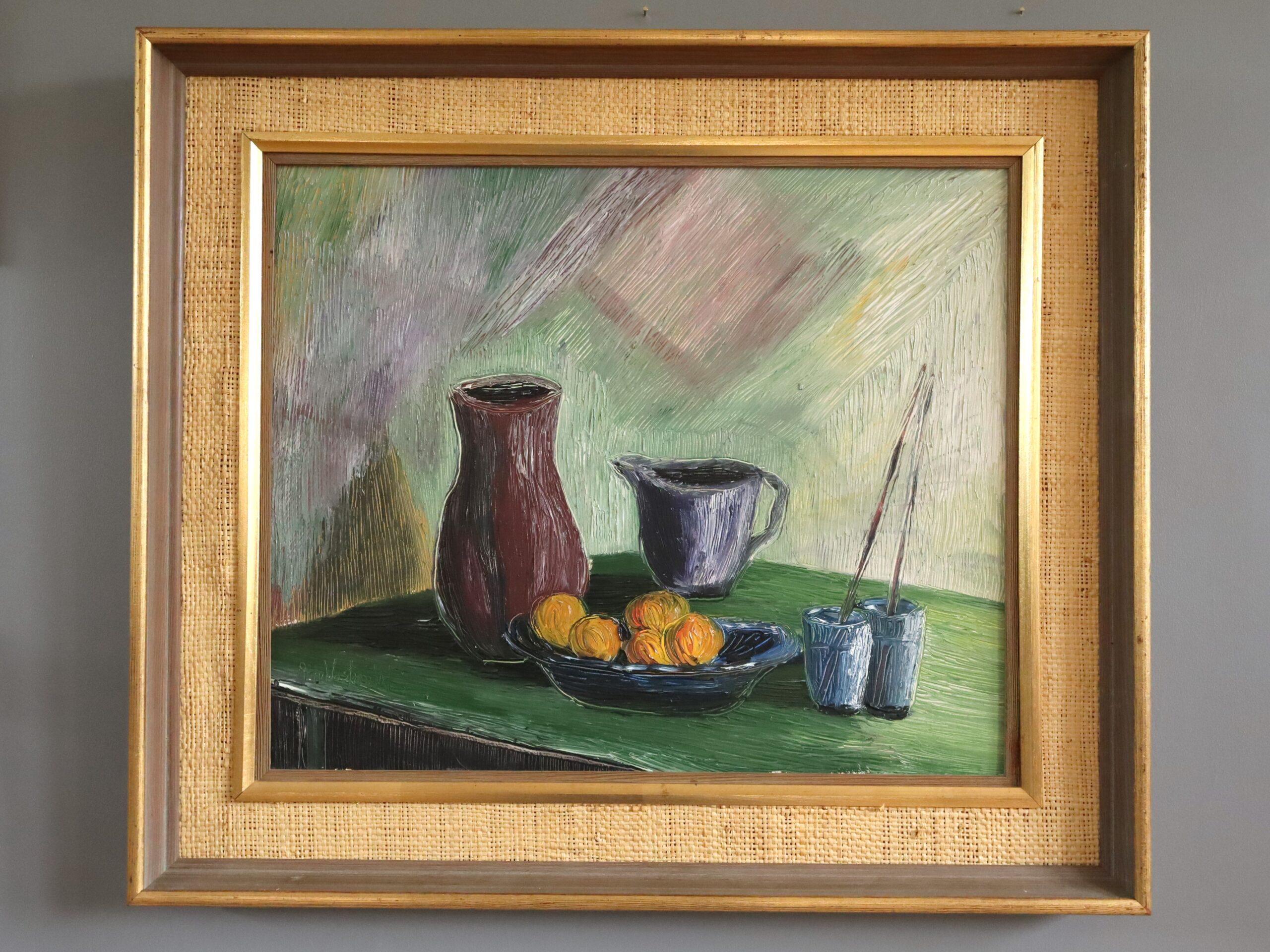 Mid Century Modern Schwedisch Ausdrucksstarkes Stillleben Ölgemälde - Obst & Pinsel – Painting von Unknown