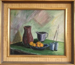 Mid Century Modern Schwedisch Ausdrucksstarkes Stillleben Ölgemälde - Obst & Pinsel