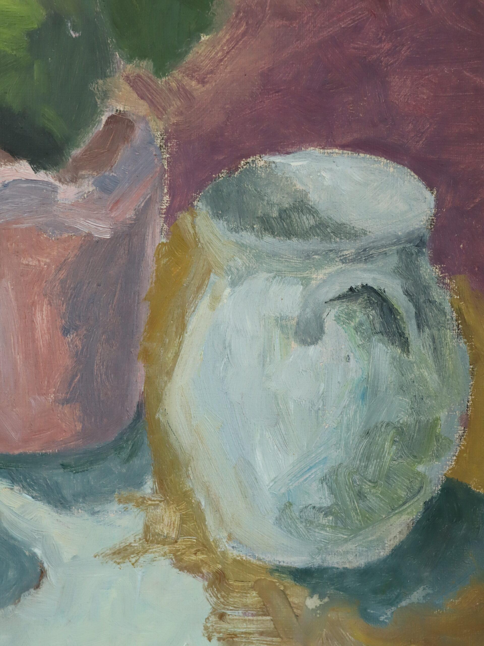 Peinture à l'huile de nature morte suédoise expressive The Modernity - Geraniums & Jugs en vente 7