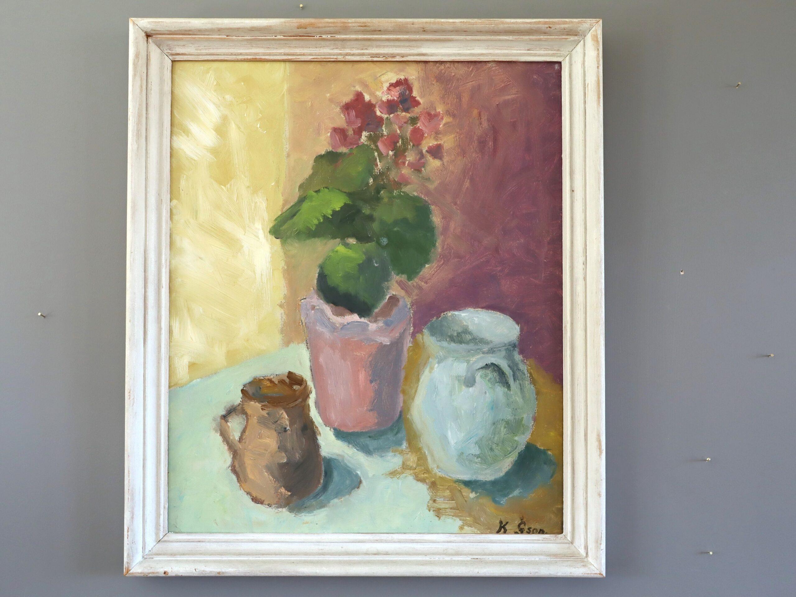 Peinture à l'huile de nature morte suédoise expressive The Modernity - Geraniums & Jugs - Painting de Unknown