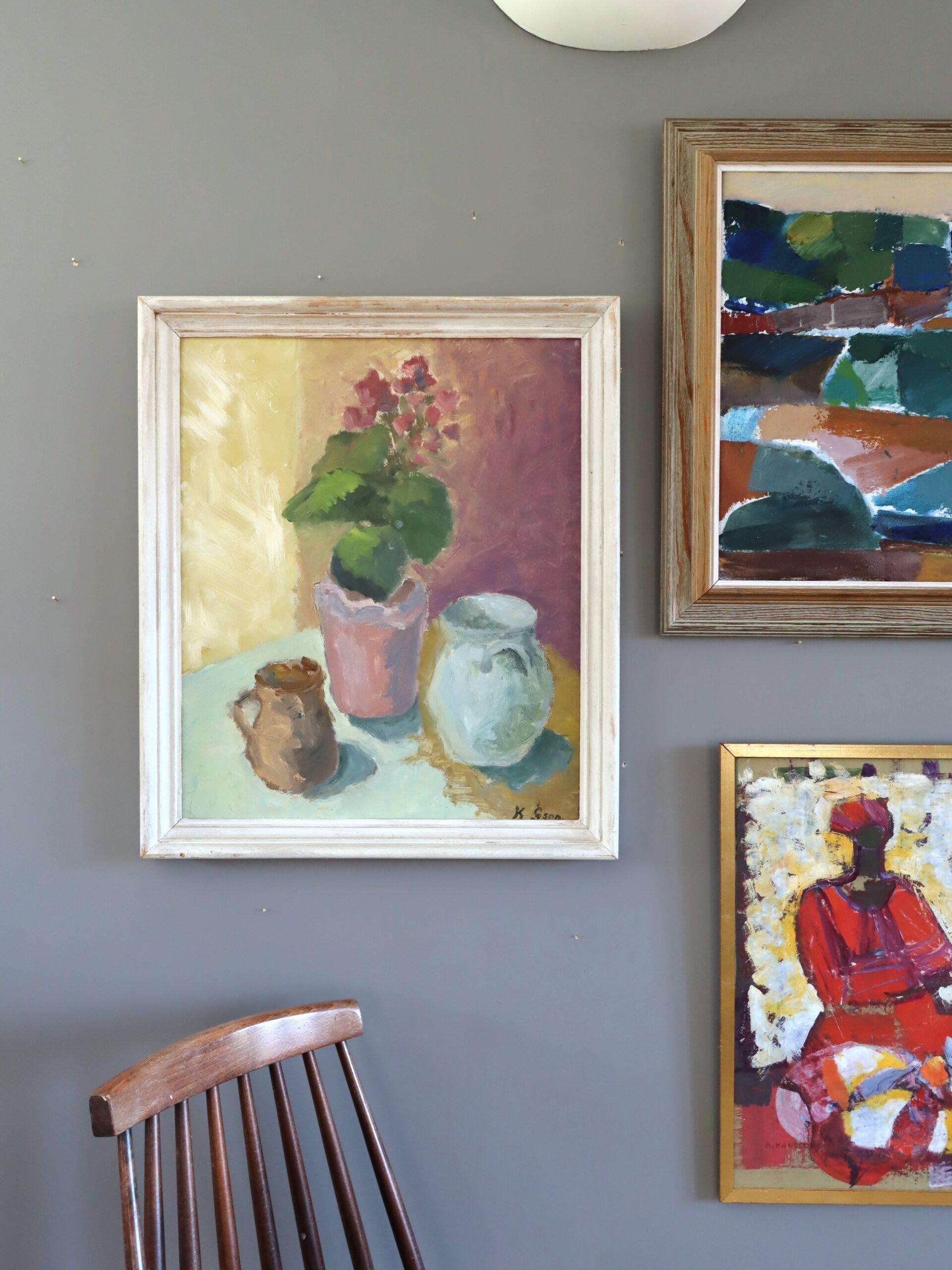 Peinture à l'huile de nature morte suédoise expressive The Modernity - Geraniums & Jugs - Moderne Painting par Unknown