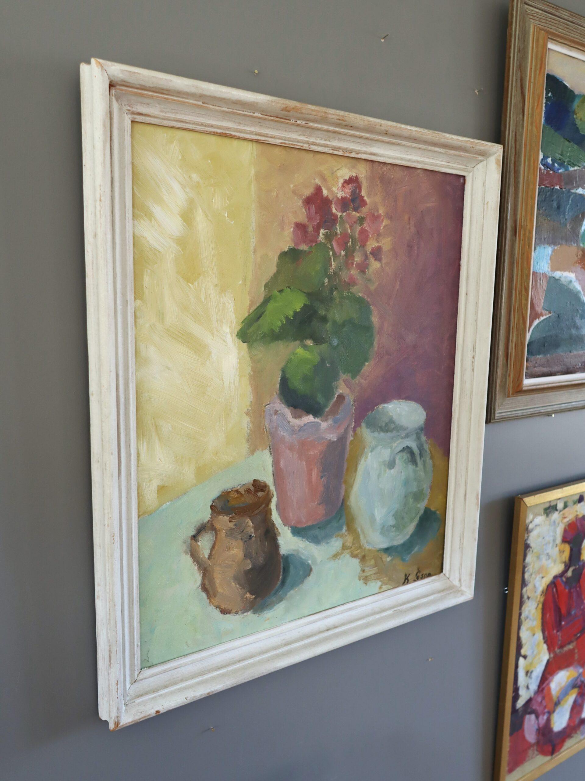 Peinture à l'huile de nature morte suédoise expressive The Modernity - Geraniums & Jugs - Beige Still-Life Painting par Unknown