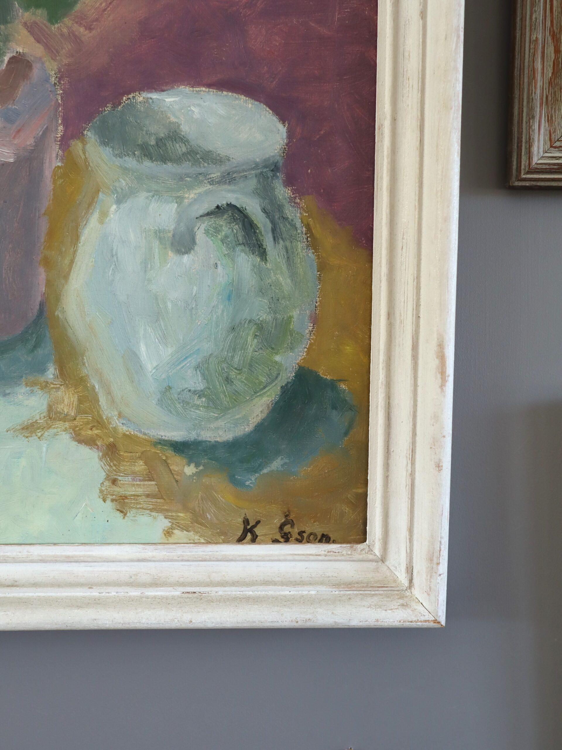 Peinture à l'huile de nature morte suédoise expressive The Modernity - Geraniums & Jugs en vente 3