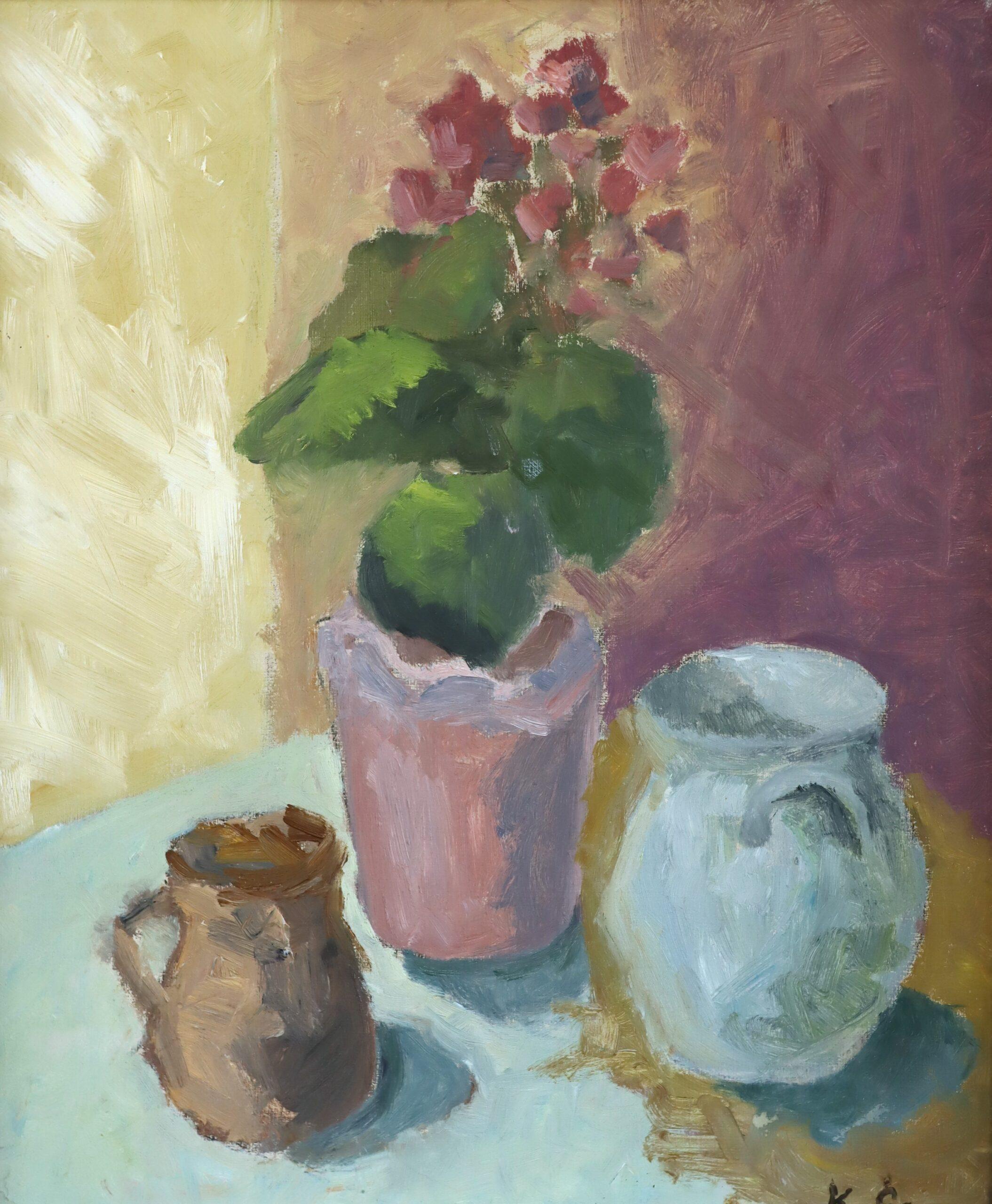 Peinture à l'huile de nature morte suédoise expressive The Modernity - Geraniums & Jugs en vente 4
