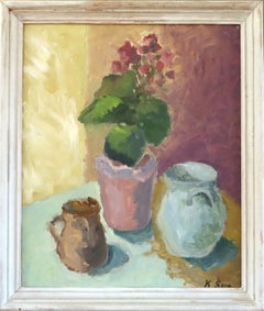 Mid Century Modern Swedish Expressive Still Life Oil Painting - Geraniums & Jugs