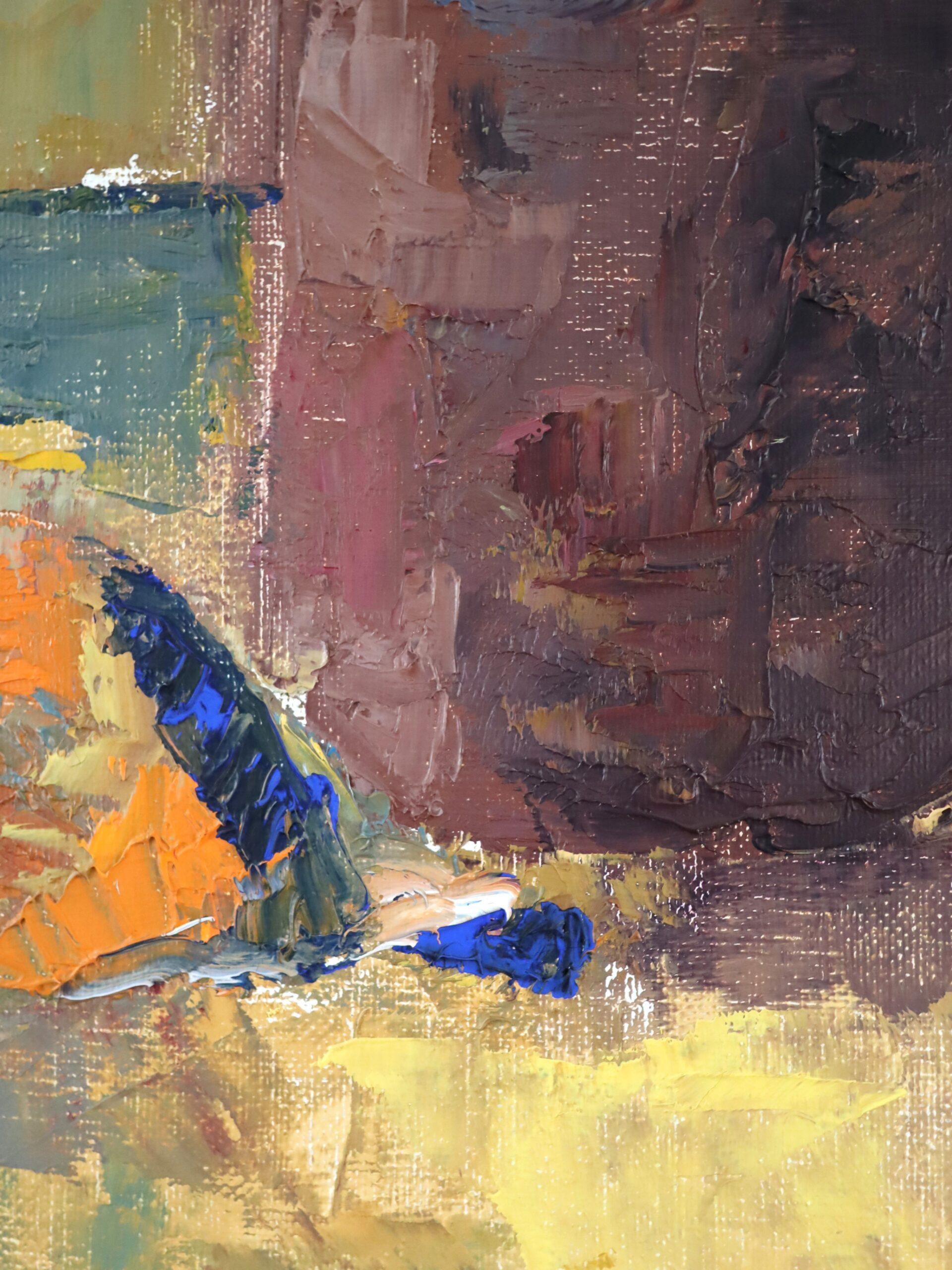 Mid Century Modern Schwedisch Ausdrucksstarkes Stillleben Ölgemälde- Gläser & Blauer Teller im Angebot 5