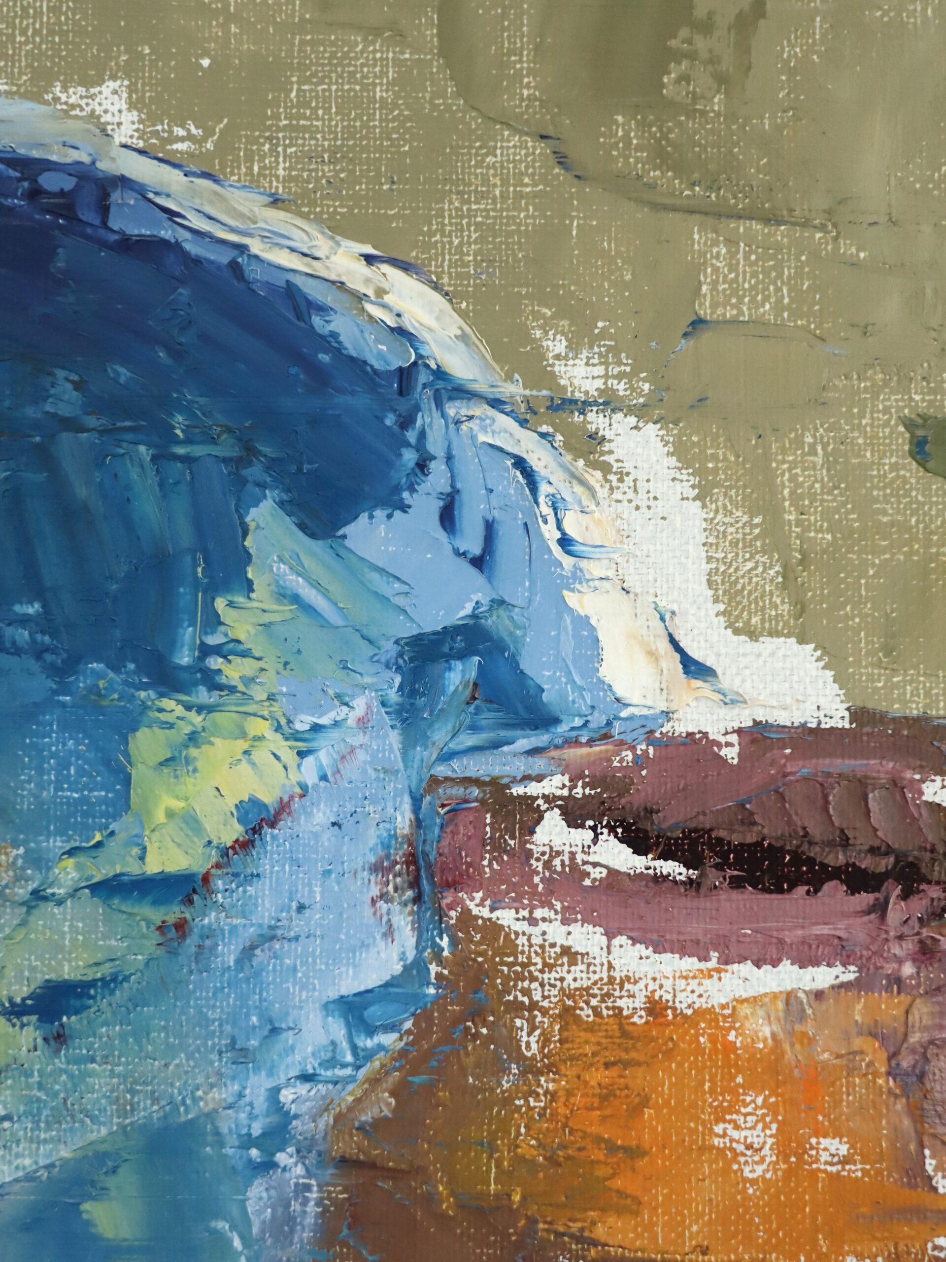 Mid Century Modern Schwedisch Ausdrucksstarkes Stillleben Ölgemälde- Gläser & Blauer Teller im Angebot 6