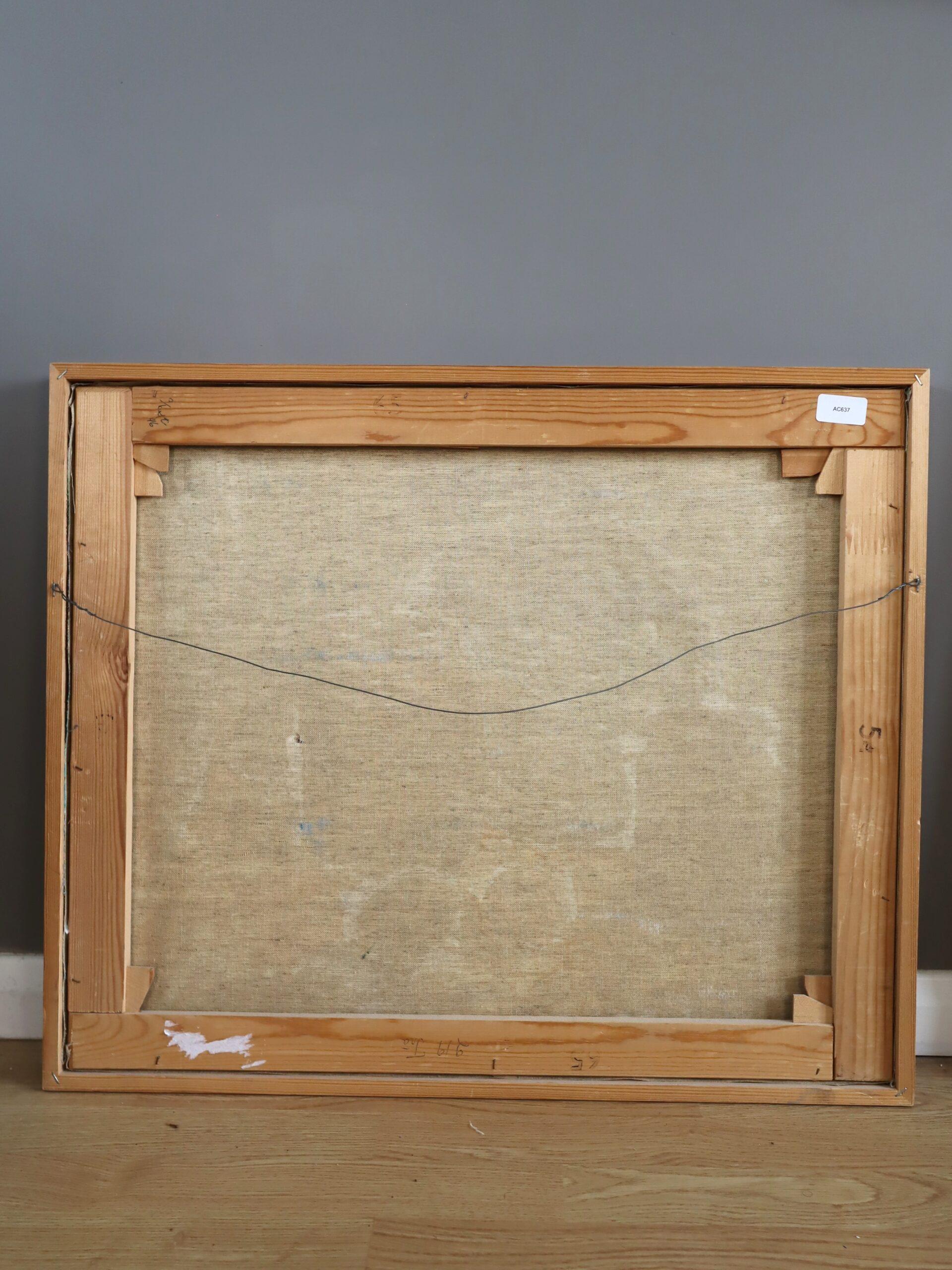 Mid Century Modern Schwedisch Ausdrucksstarkes Stillleben Ölgemälde- Gläser & Blauer Teller im Angebot 8