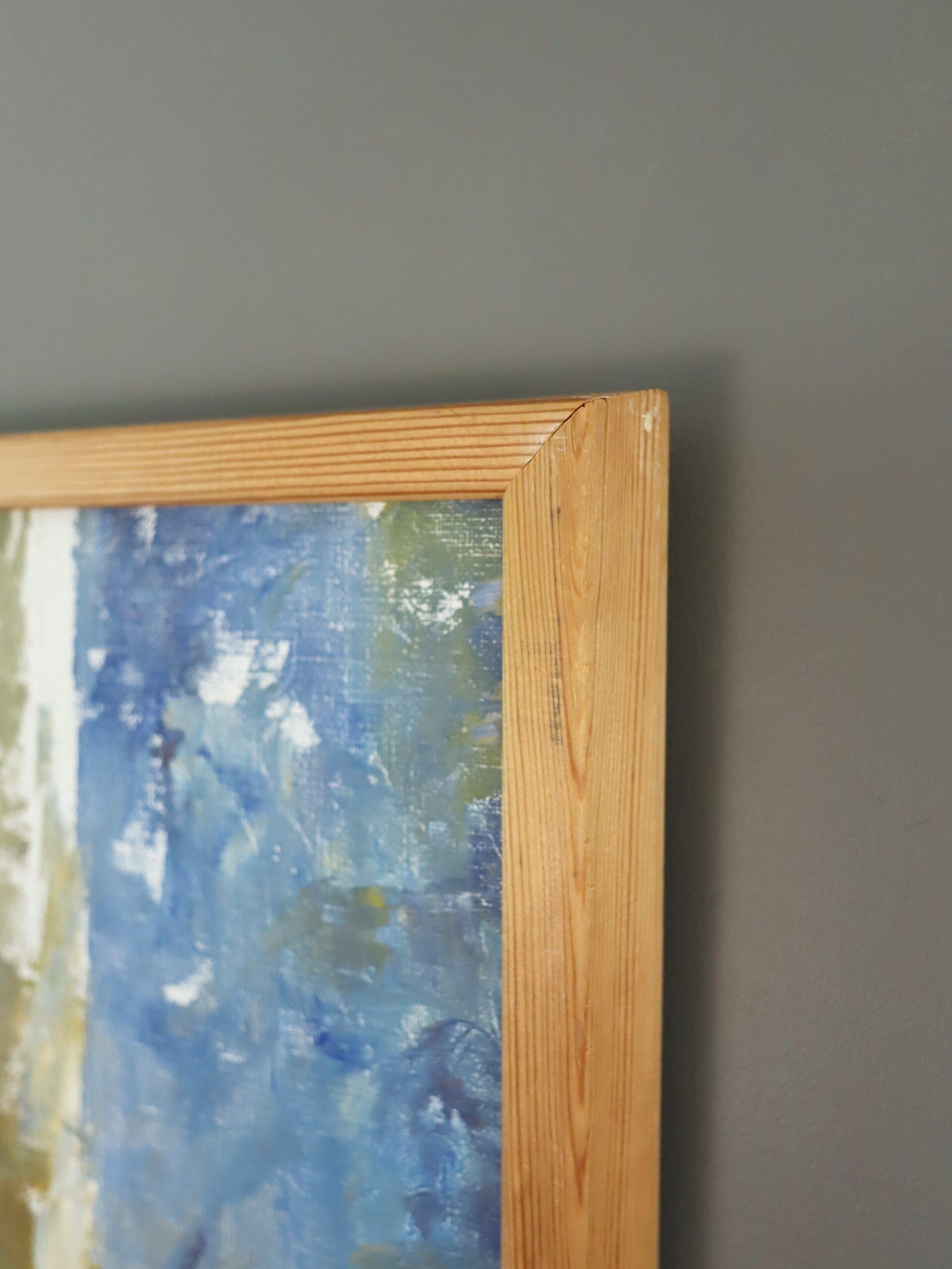 Mid Century Modern Schwedisch Ausdrucksstarkes Stillleben Ölgemälde- Gläser & Blauer Teller im Angebot 2