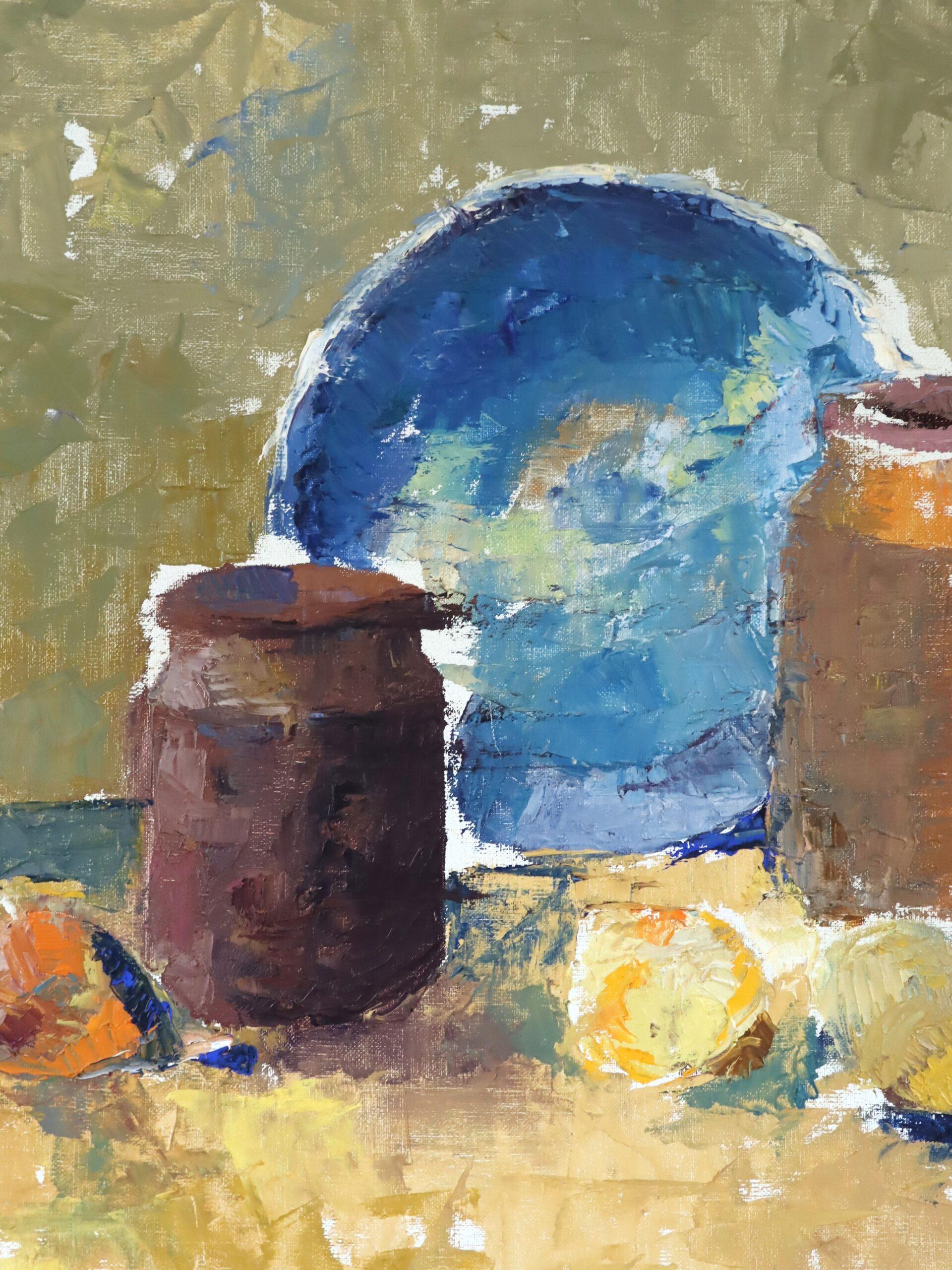 Mid Century Modern Schwedisch Ausdrucksstarkes Stillleben Ölgemälde- Gläser & Blauer Teller im Angebot 3