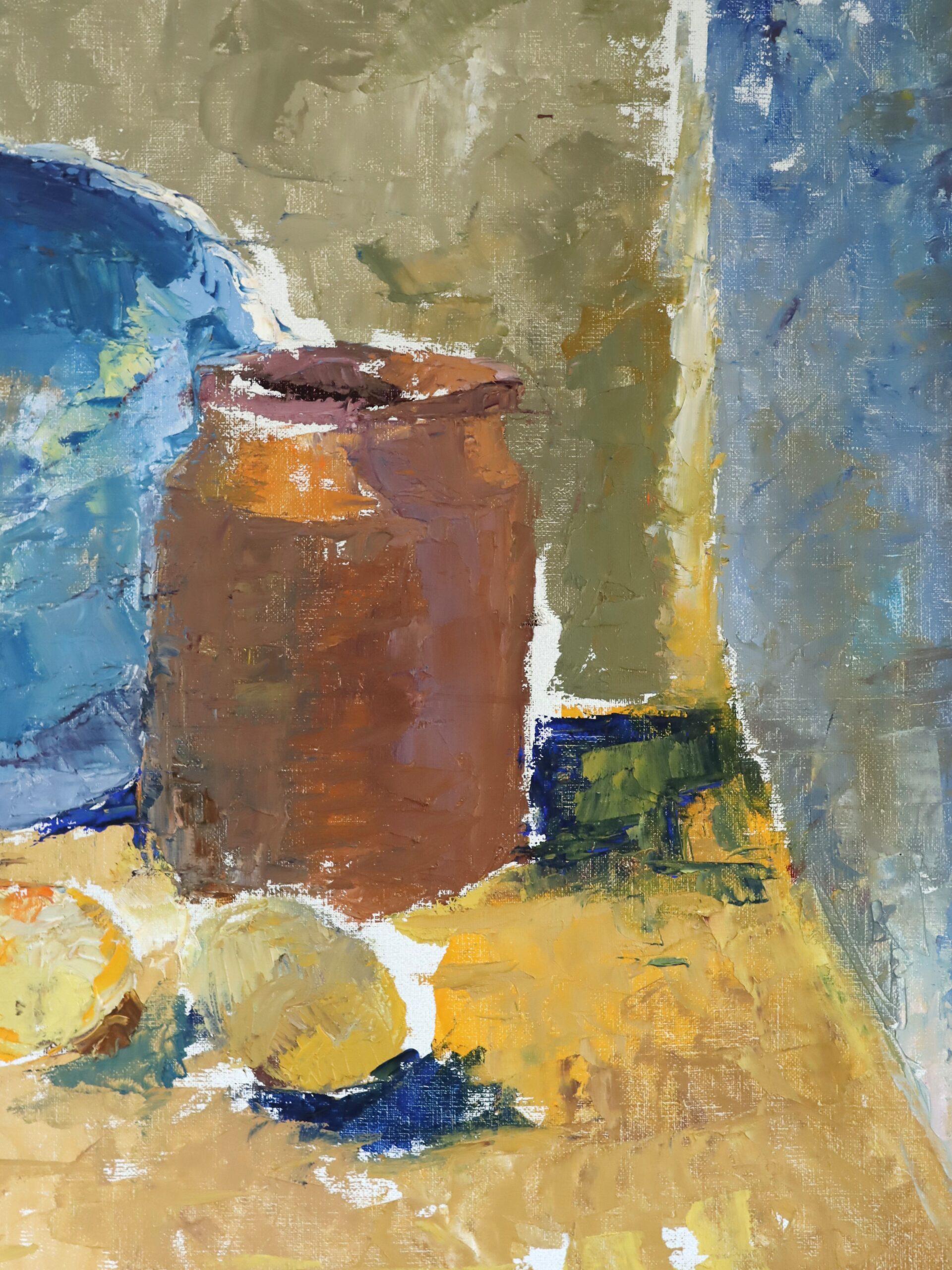 Mid Century Modern Schwedisch Ausdrucksstarkes Stillleben Ölgemälde- Gläser & Blauer Teller im Angebot 4