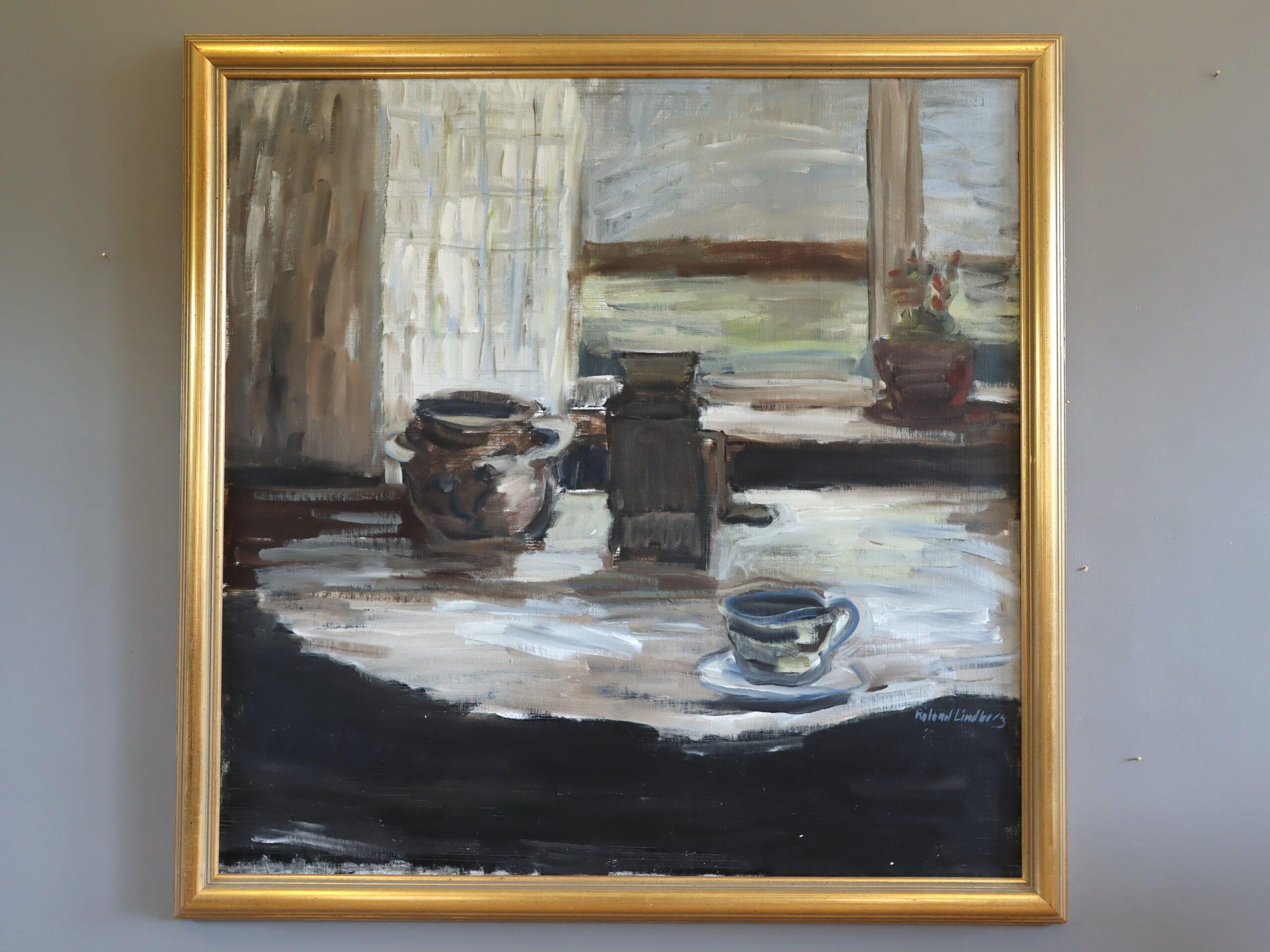 Mid Century Modern Swedish Expressive Still Life Oil Painting - Quiet Hours - Gray Still-Life Painting by Unknown