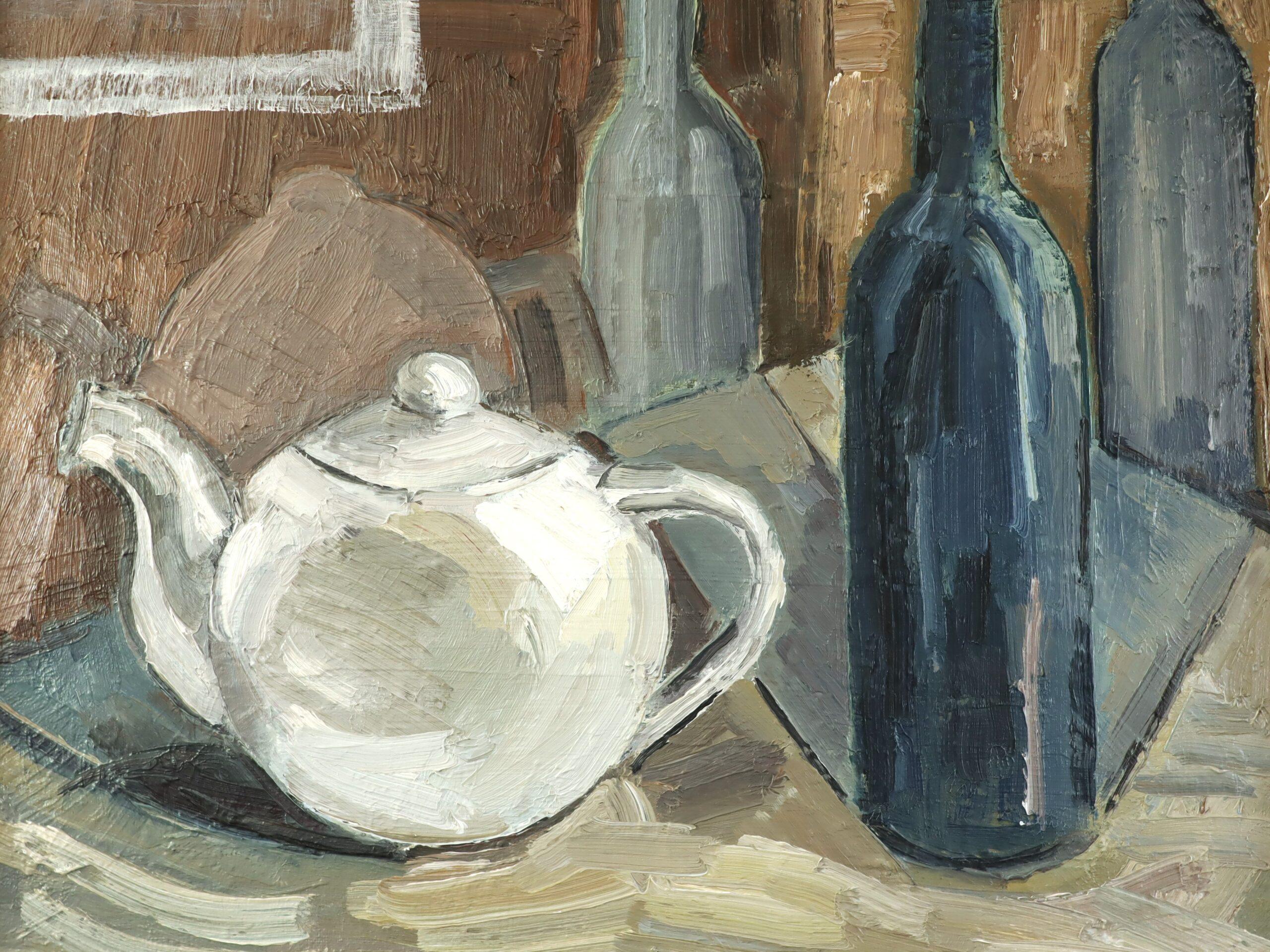 Mid Century Modern Swedish Expressive Still Life Oil Painting - Teapot & Bottles For Sale 7