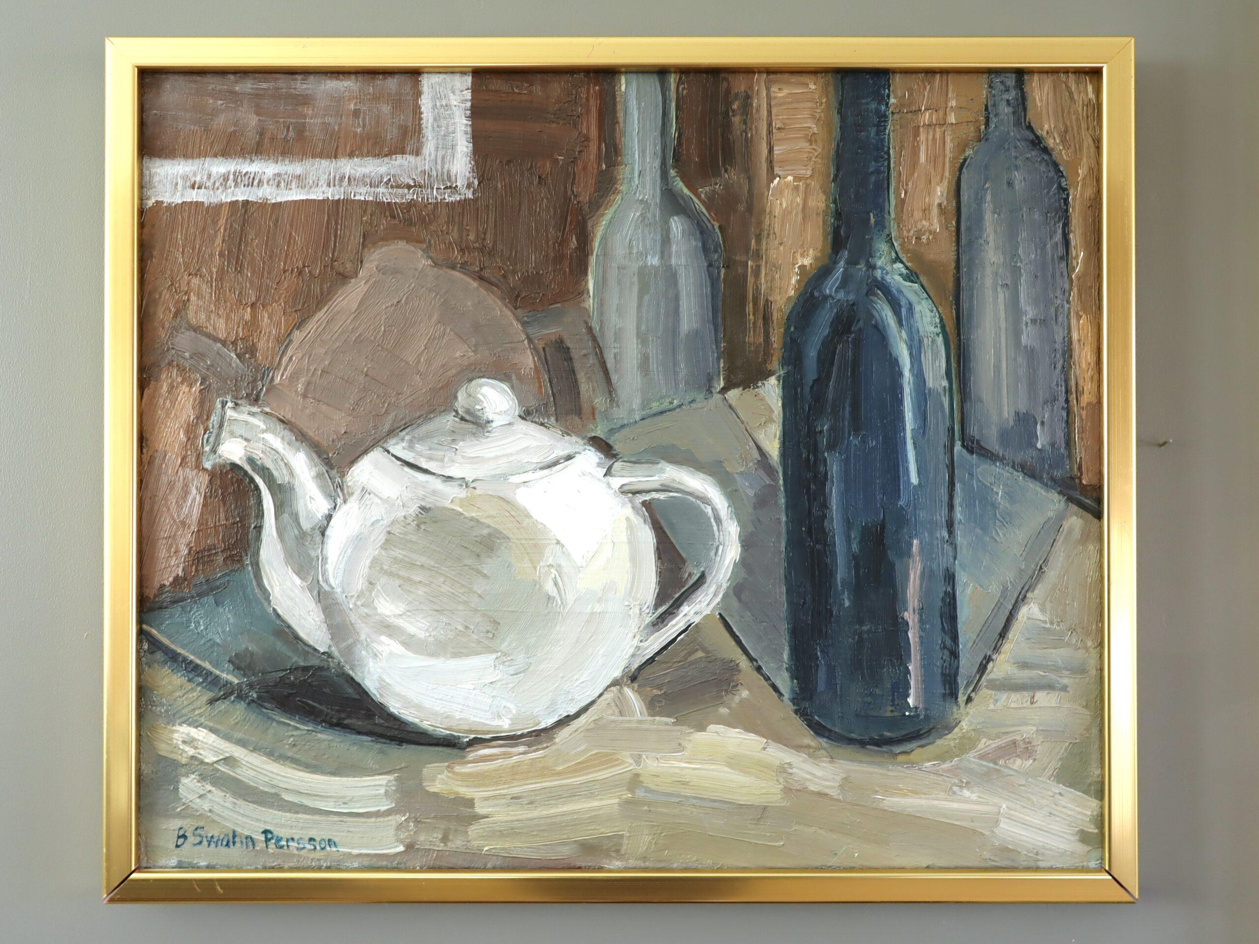 Mid Century Modern Swedish Expressive Still Life Oil Painting - Teapot & Bottles - Brown Still-Life Painting by Unknown