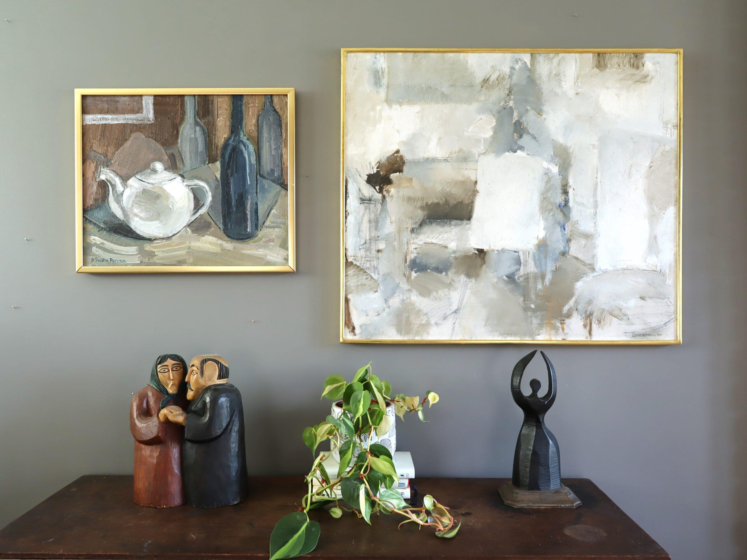 TEAPOT & BOTTLES
Size: 41 x 49 cm (including frame)
Oil on canvas

An expressive and painterly mid-century still life painting that presents a serene arrangement of everyday objects, executed in oil onto canvas.

At the forefront sits a luminous