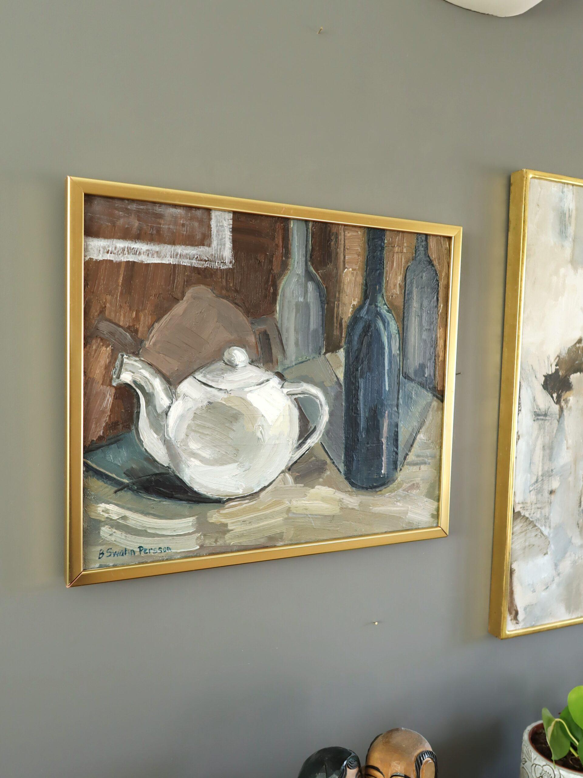 Mid Century Modern Swedish Expressive Still Life Oil Painting - Teapot & Bottles For Sale 2