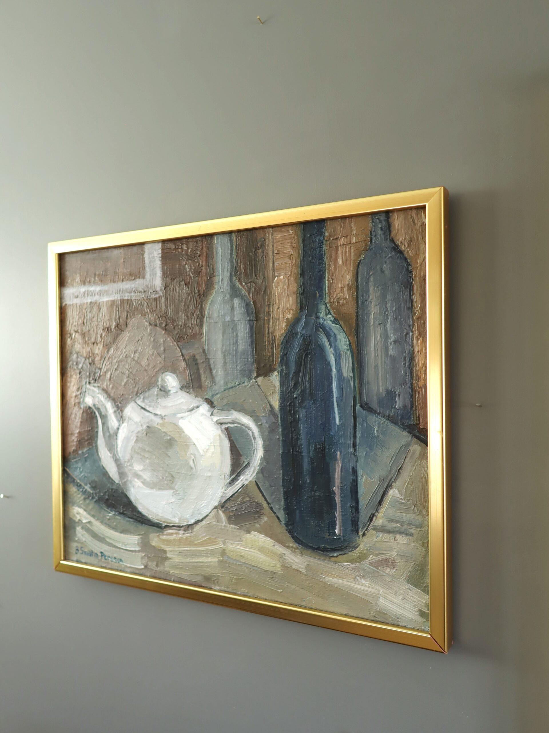 Mid Century Modern Swedish Expressive Still Life Oil Painting - Teapot & Bottles For Sale 3