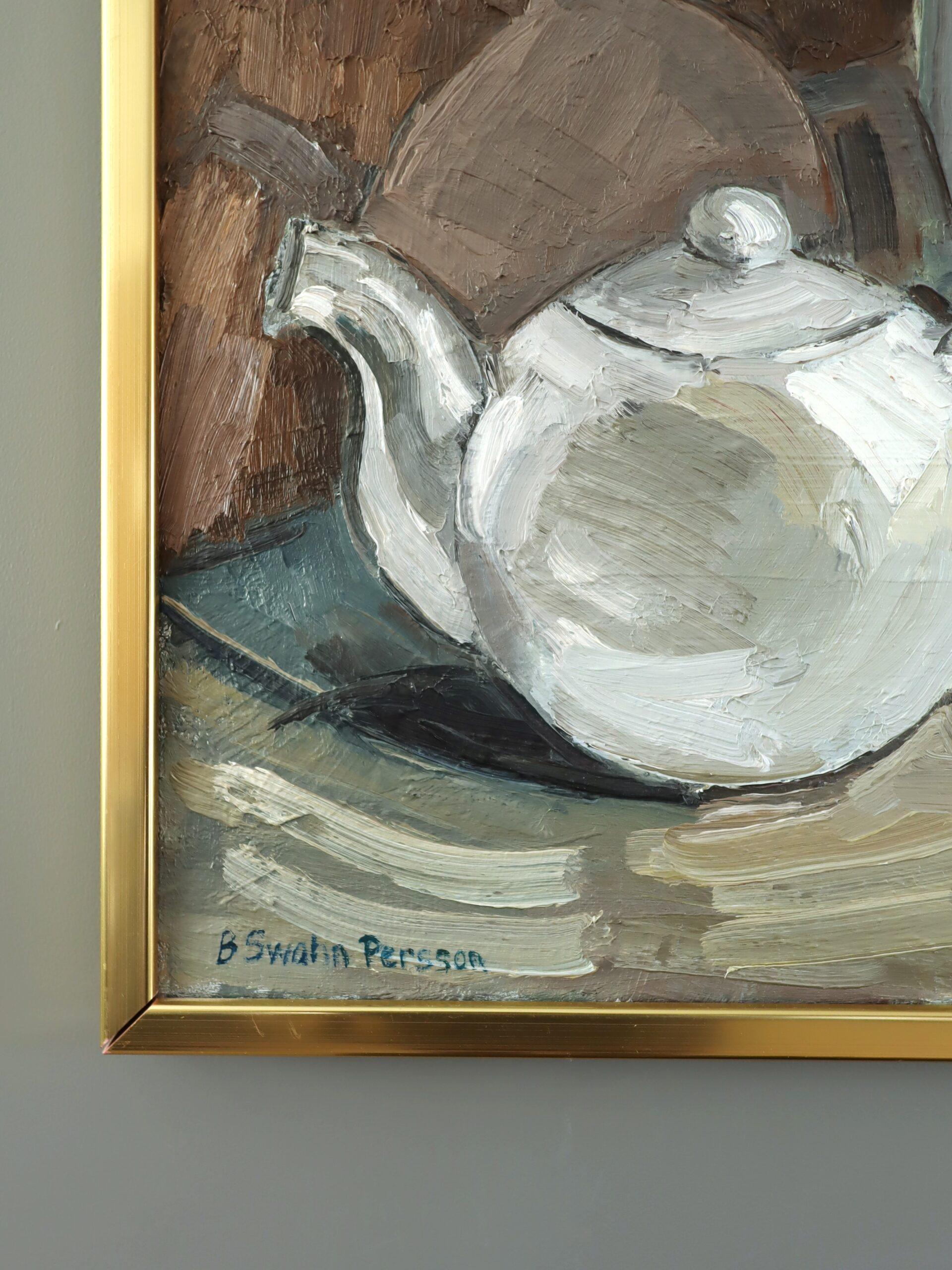Mid Century Modern Swedish Expressive Still Life Oil Painting - Teapot & Bottles For Sale 4