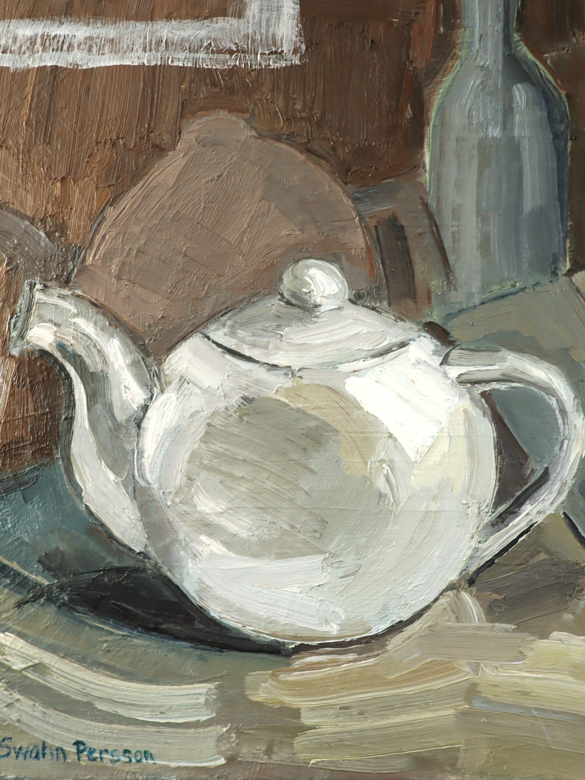 Mid Century Modern Swedish Expressive Still Life Oil Painting - Teapot & Bottles For Sale 5