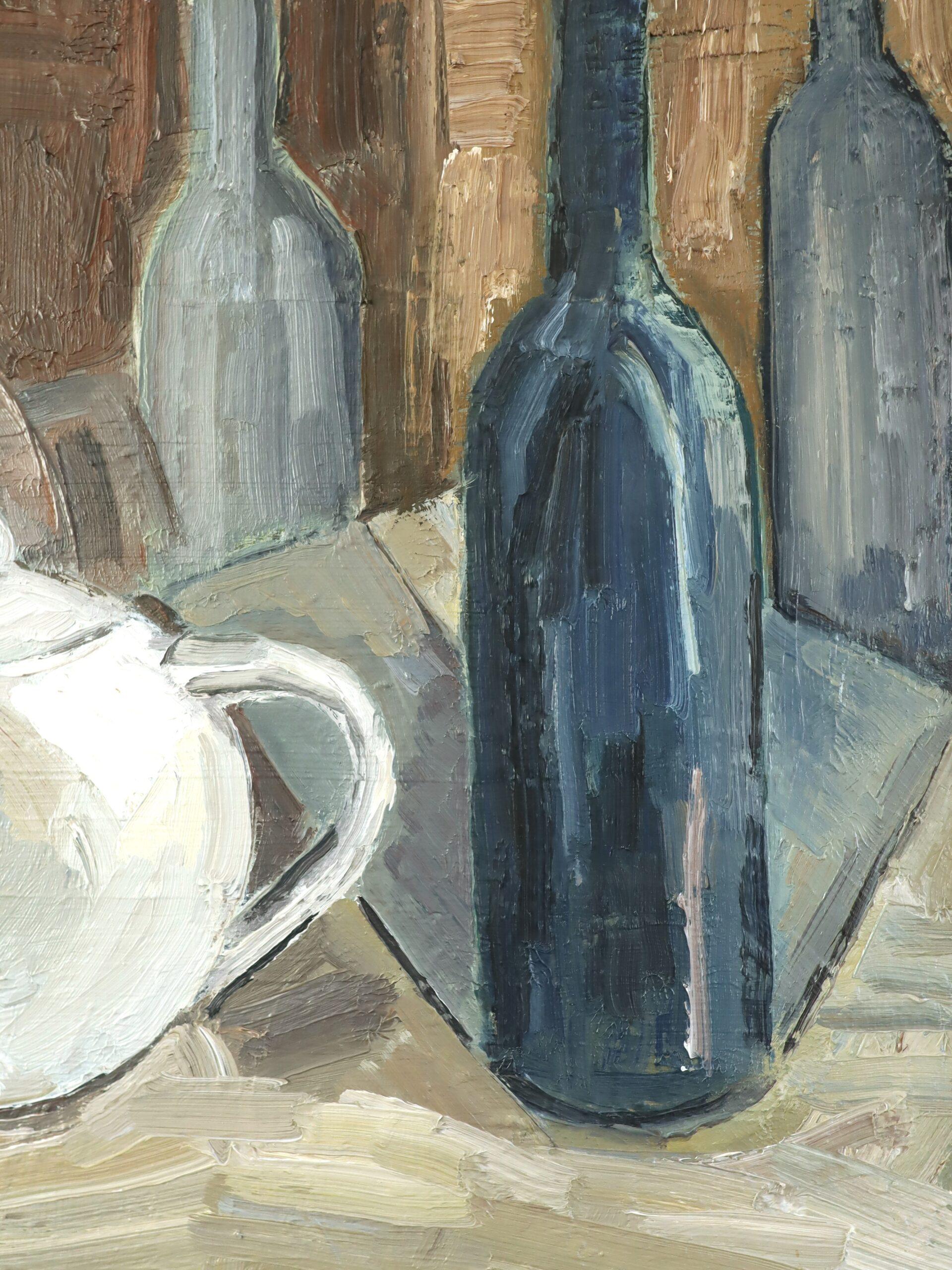 Mid Century Modern Swedish Expressive Still Life Oil Painting - Teapot & Bottles For Sale 6