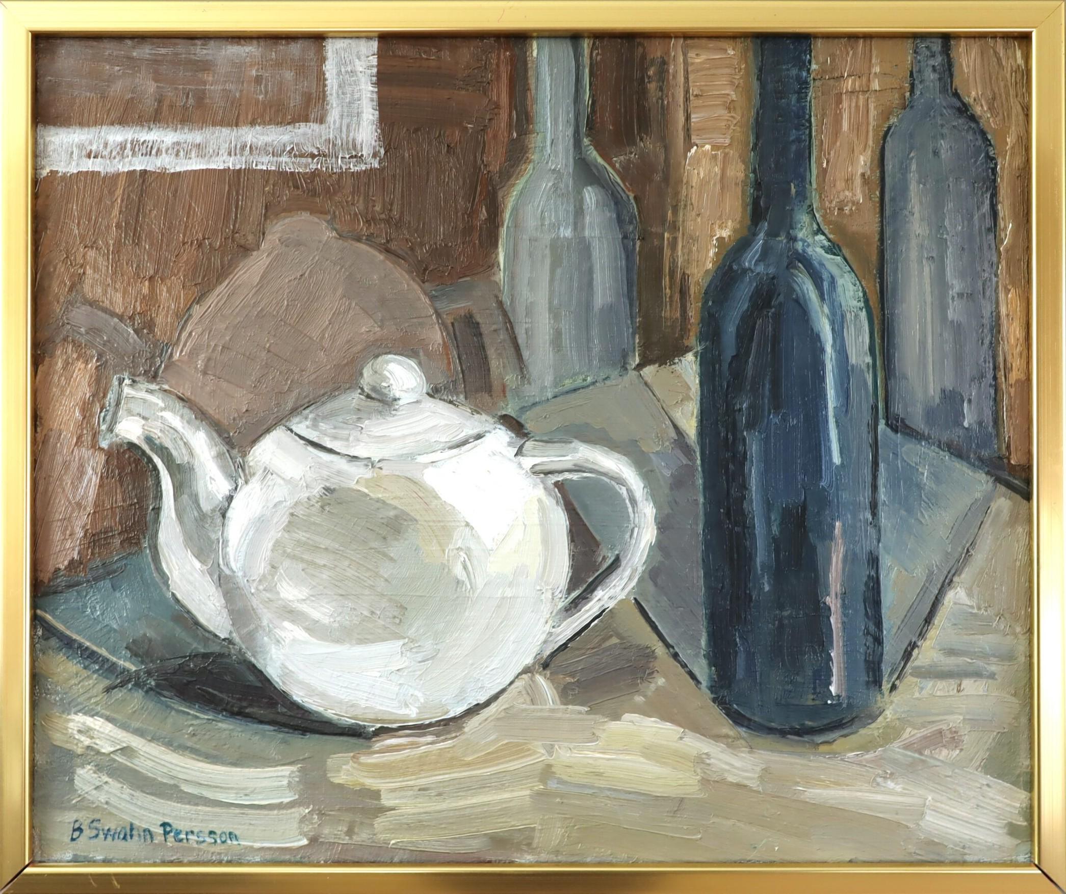 Mid Century Modern Swedish Expressive Still Life Oil Painting - Teapot & Bottles