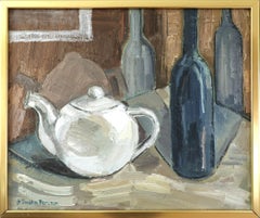 Mid Century Modern Swedish Expressive Still Life Oil Painting - Teapot & Bottles
