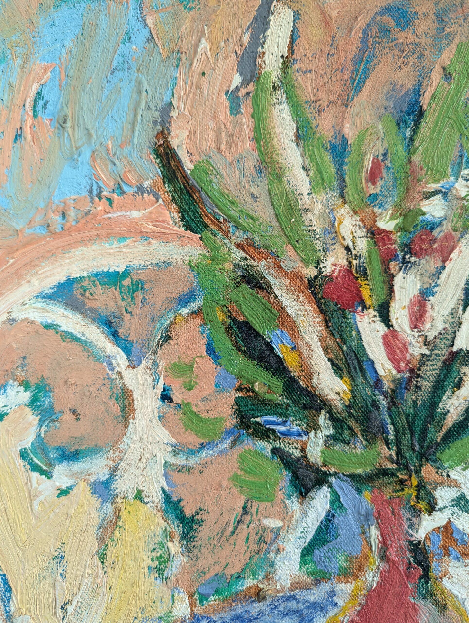 Pittura ad olio su natura morta espressiva svedese della metà del secolo scorso - Il tavolo da giardino 6