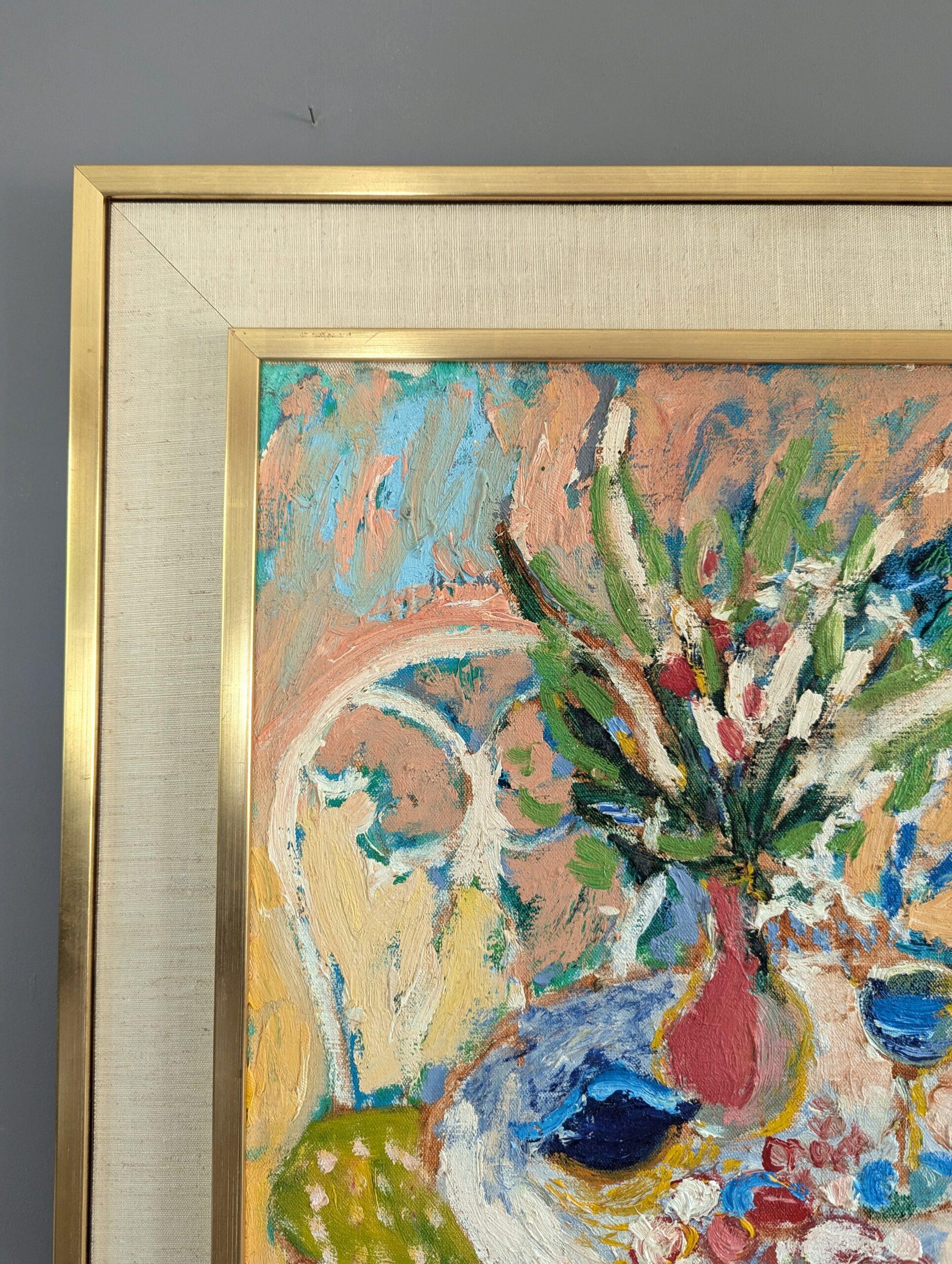 Pittura ad olio su natura morta espressiva svedese della metà del secolo scorso - Il tavolo da giardino 1