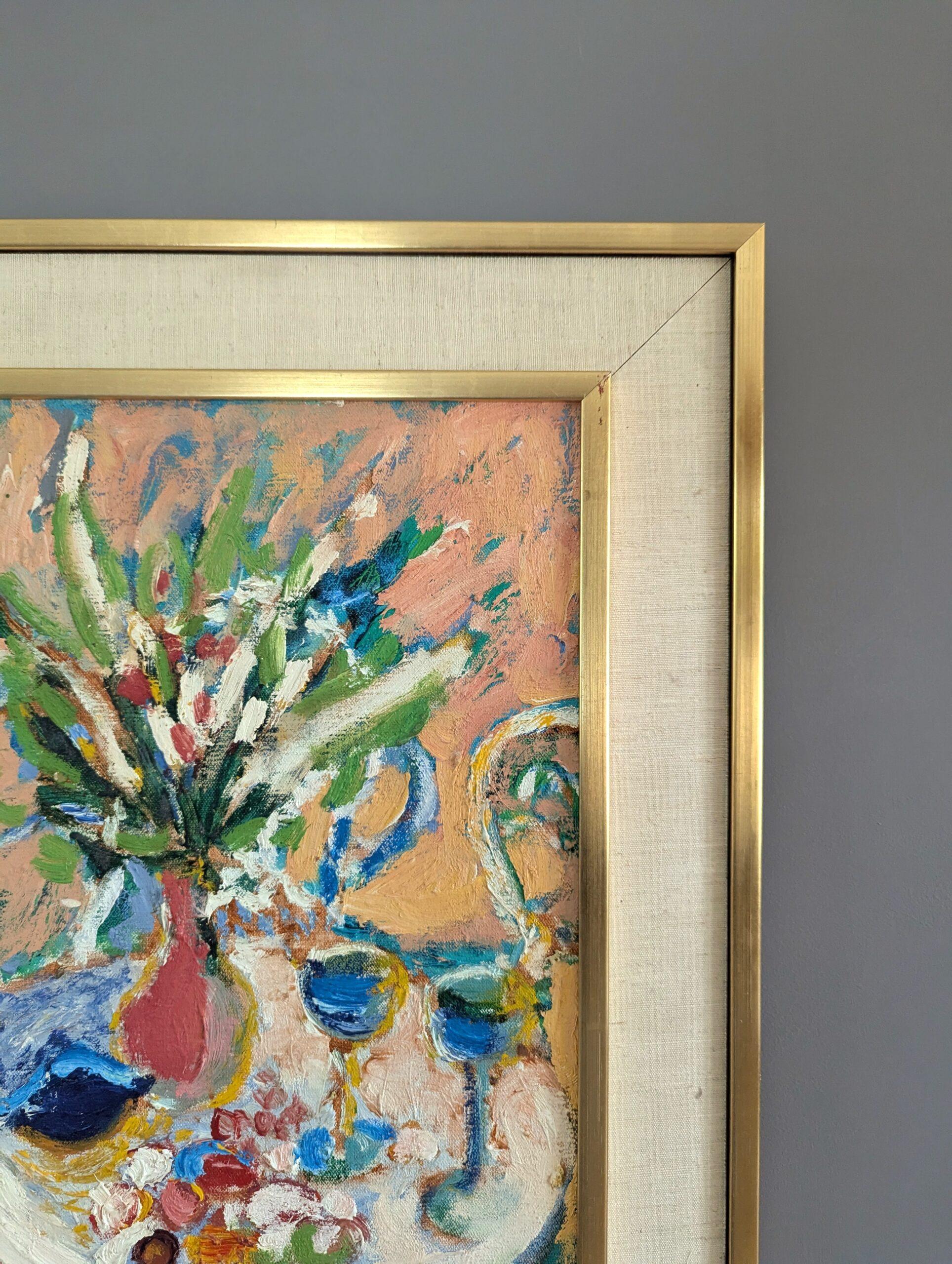 Pittura ad olio su natura morta espressiva svedese della metà del secolo scorso - Il tavolo da giardino 2