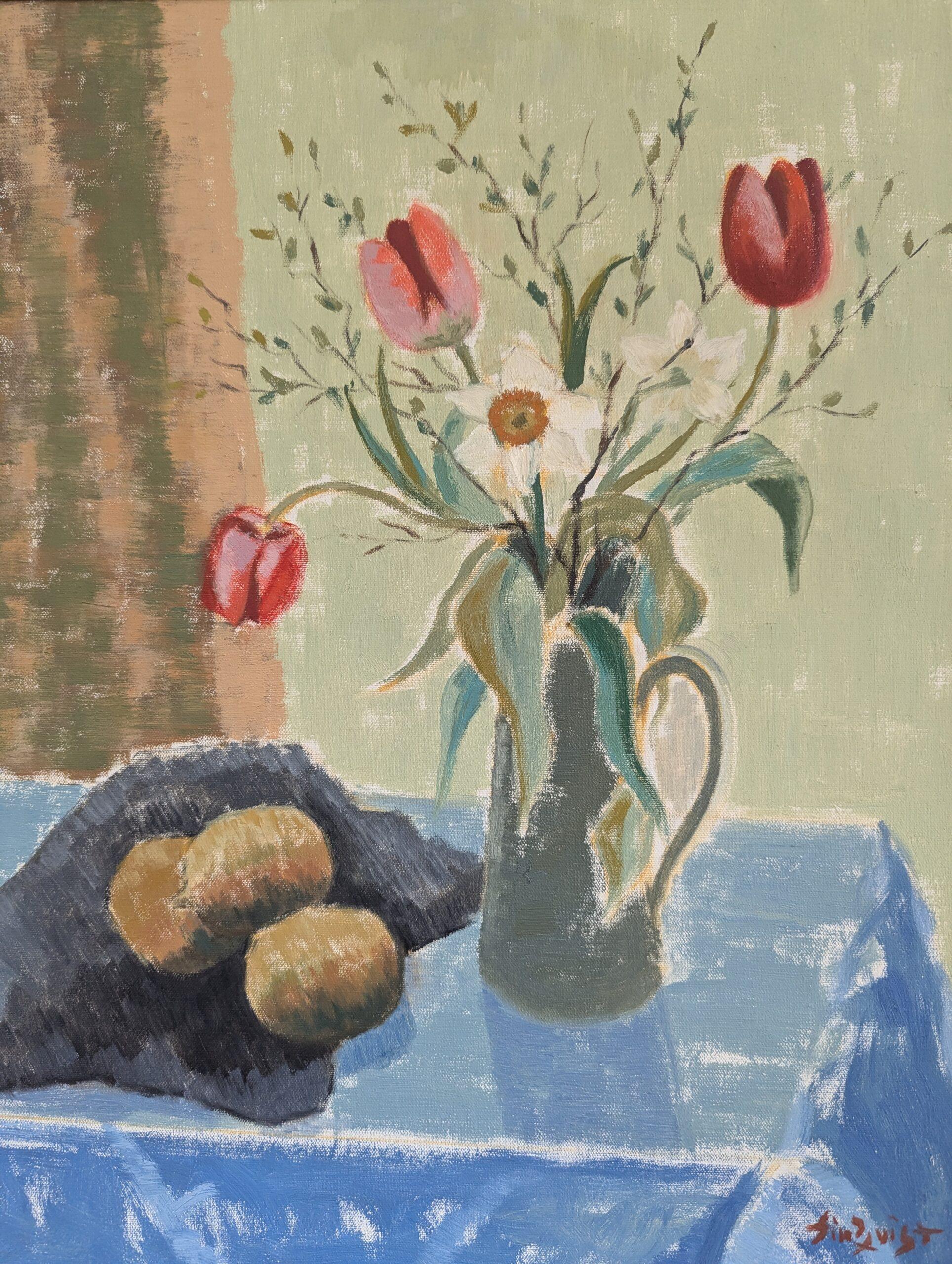 Schwedisches expressionistisches Stillleben, Mid-Century Modern, Ölgemälde, Mid-Century Modern, Tulpen in einem Krug im Angebot 5