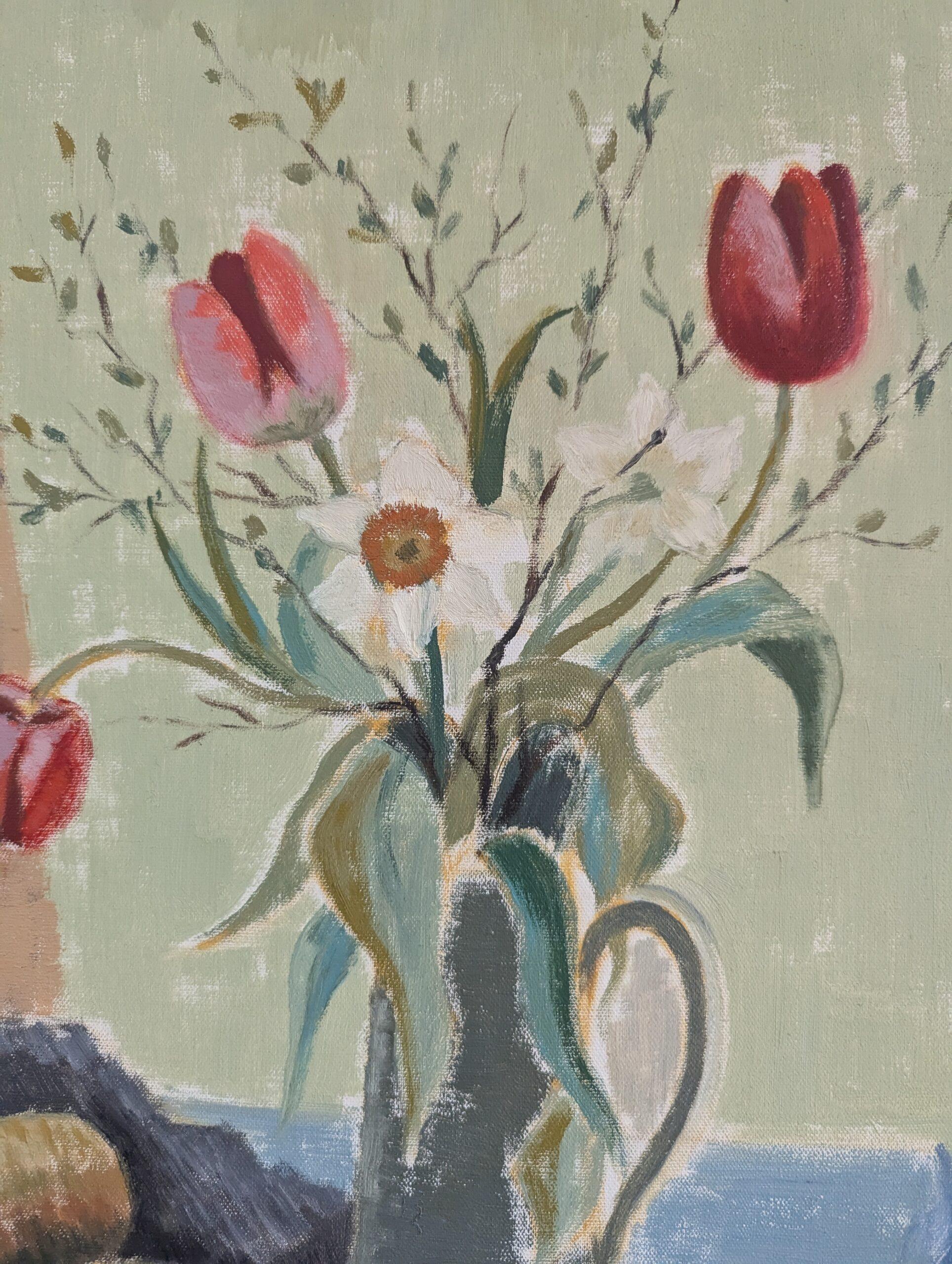 Schwedisches expressionistisches Stillleben, Mid-Century Modern, Ölgemälde, Mid-Century Modern, Tulpen in einem Krug im Angebot 6