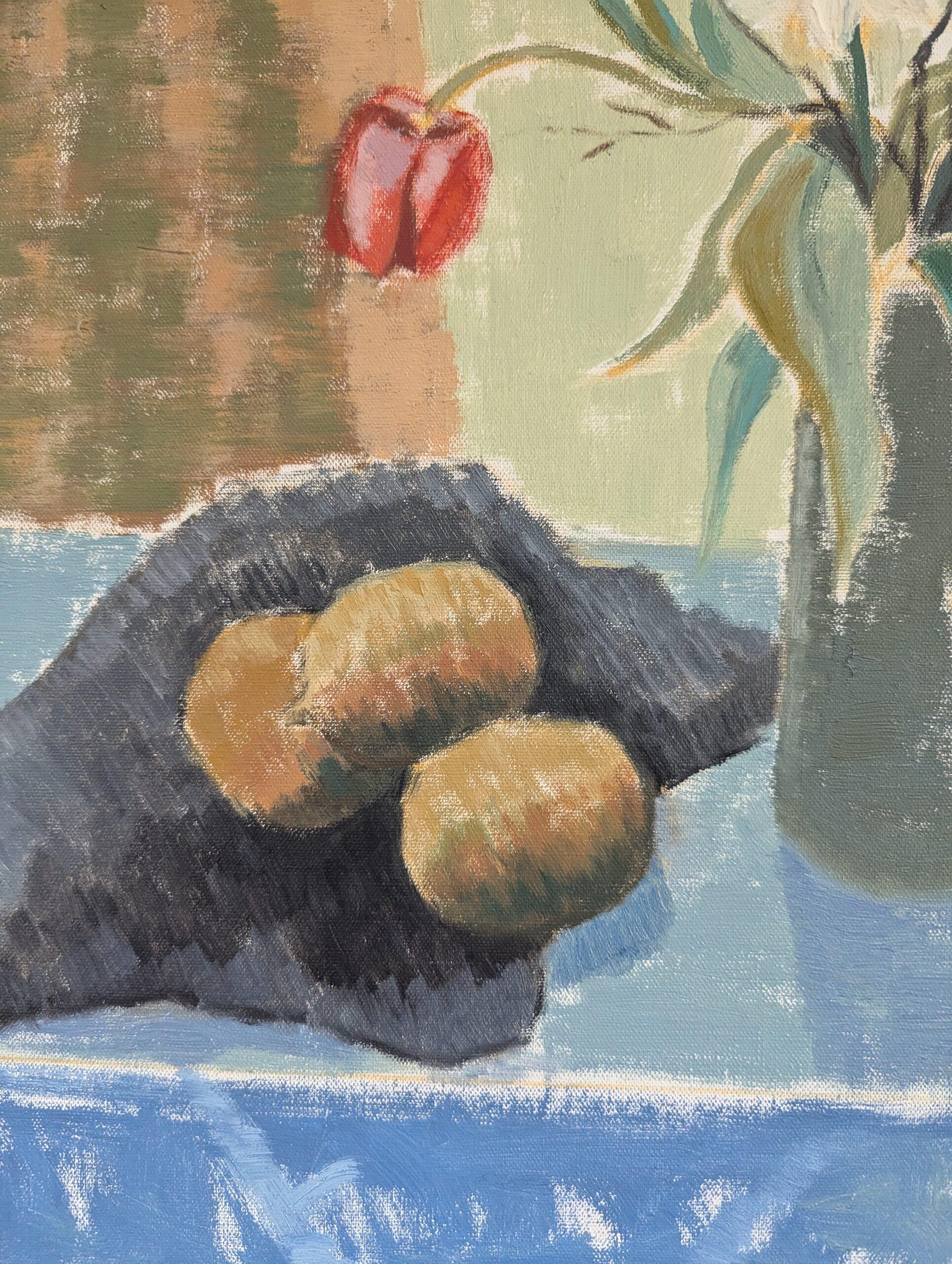 Schwedisches expressionistisches Stillleben, Mid-Century Modern, Ölgemälde, Mid-Century Modern, Tulpen in einem Krug im Angebot 7