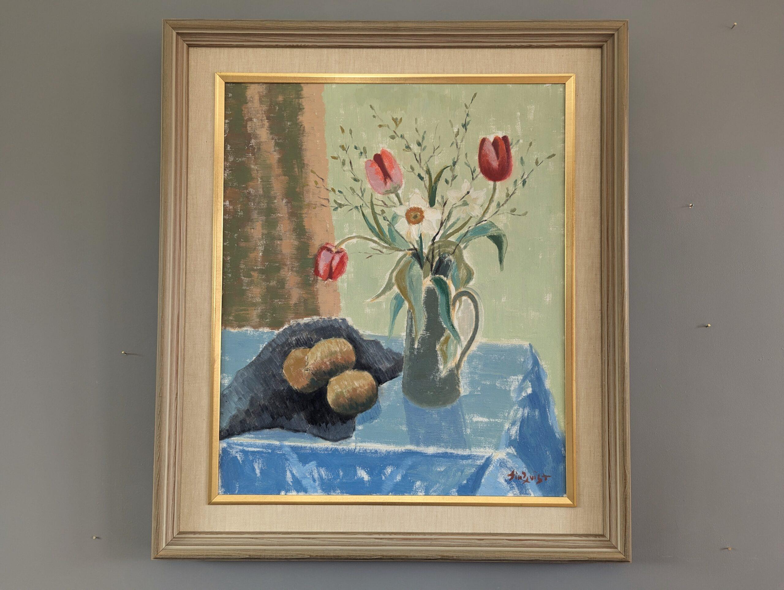 Schwedisches expressionistisches Stillleben, Mid-Century Modern, Ölgemälde, Mid-Century Modern, Tulpen in einem Krug – Painting von Unknown