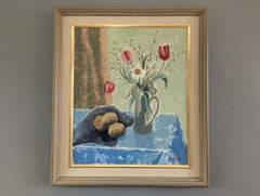Mid-Century Modern Swedish Expressive Still Life Oil Painting - Tulips in a Jug