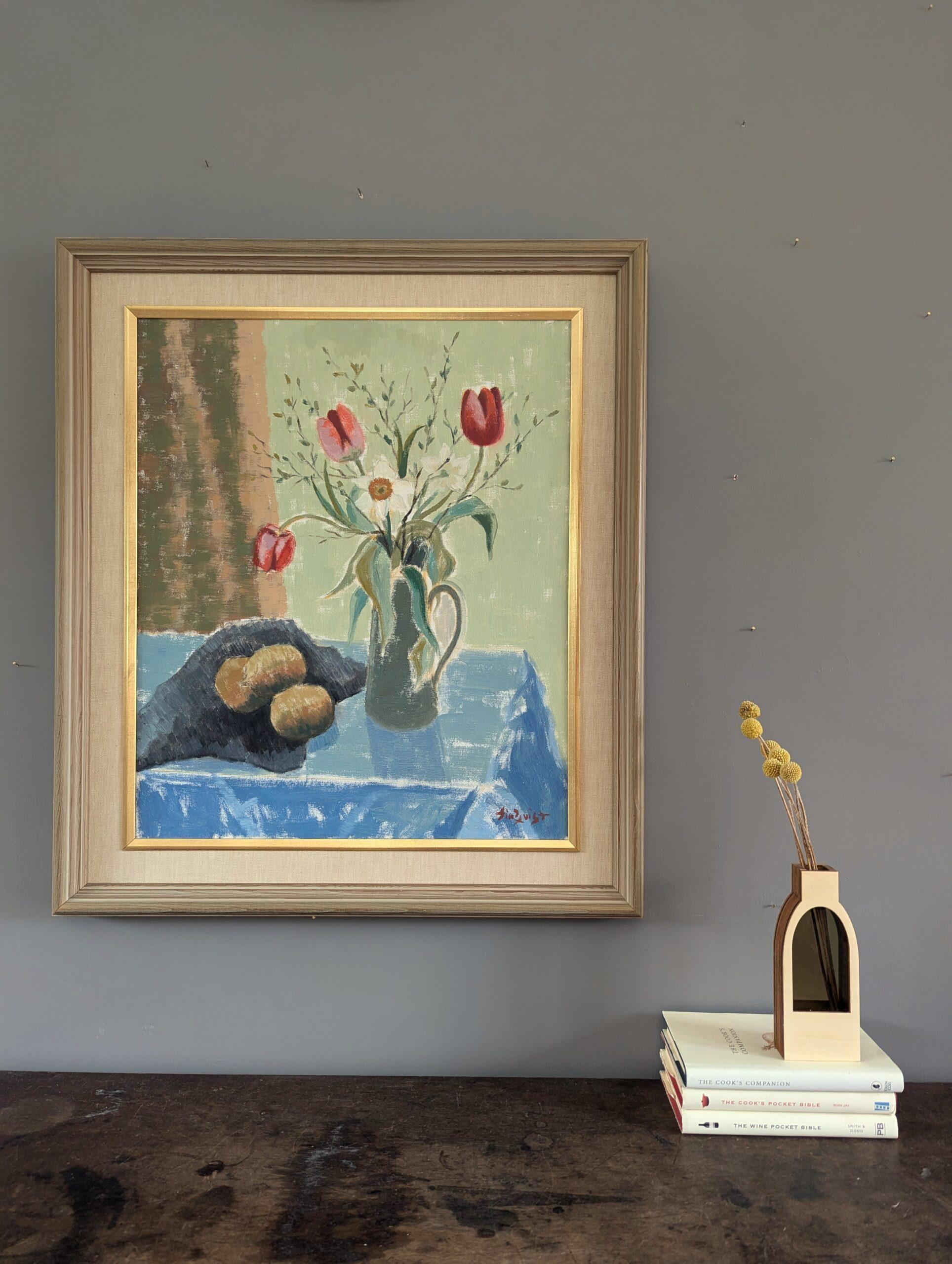 Schwedisches expressionistisches Stillleben, Mid-Century Modern, Ölgemälde, Mid-Century Modern, Tulpen in einem Krug (Moderne), Painting, von Unknown