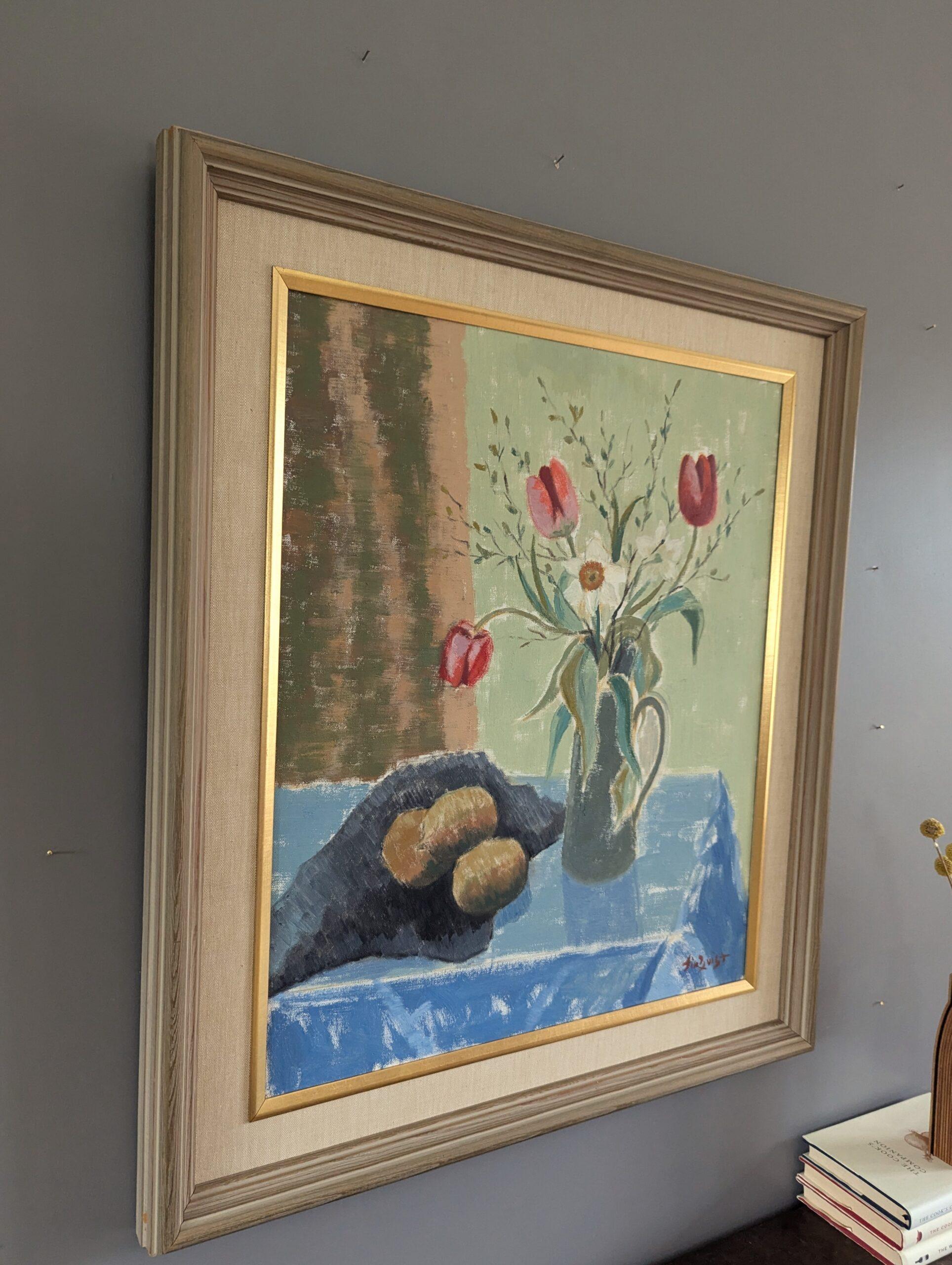 Schwedisches expressionistisches Stillleben, Mid-Century Modern, Ölgemälde, Mid-Century Modern, Tulpen in einem Krug (Braun), Still-Life Painting, von Unknown