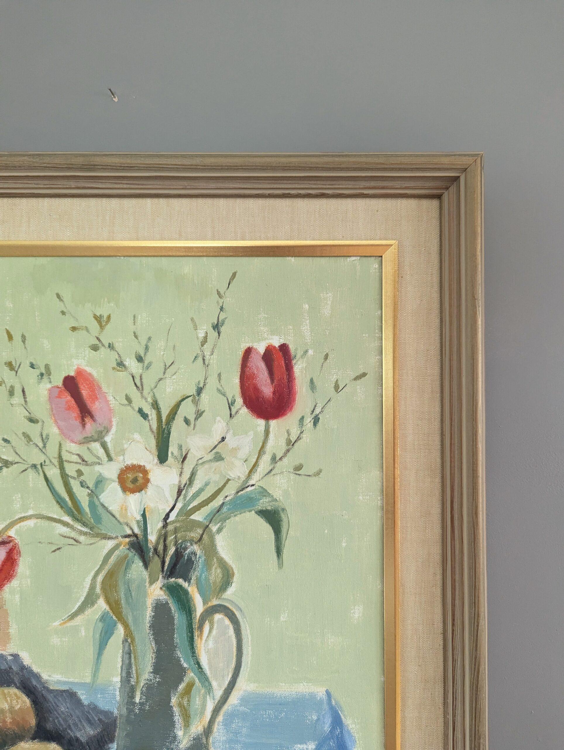 Schwedisches expressionistisches Stillleben, Mid-Century Modern, Ölgemälde, Mid-Century Modern, Tulpen in einem Krug im Angebot 3