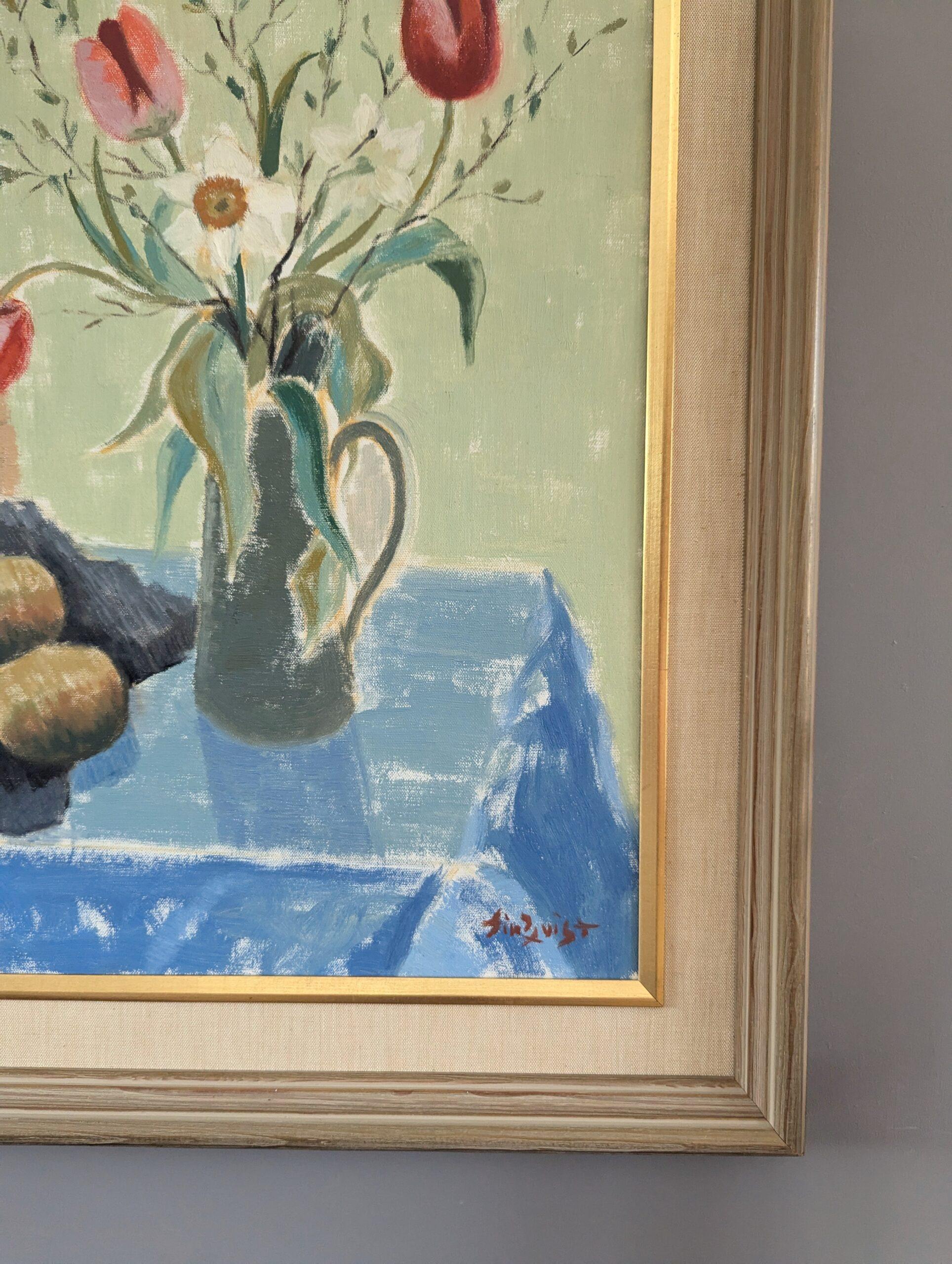 Schwedisches expressionistisches Stillleben, Mid-Century Modern, Ölgemälde, Mid-Century Modern, Tulpen in einem Krug im Angebot 4