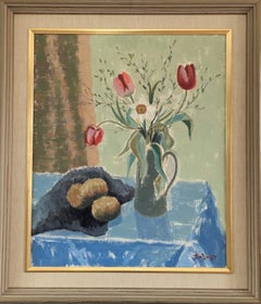 Mid-Century Modern Swedish Expressive Still Life Oil Painting - Tulips in a Jug