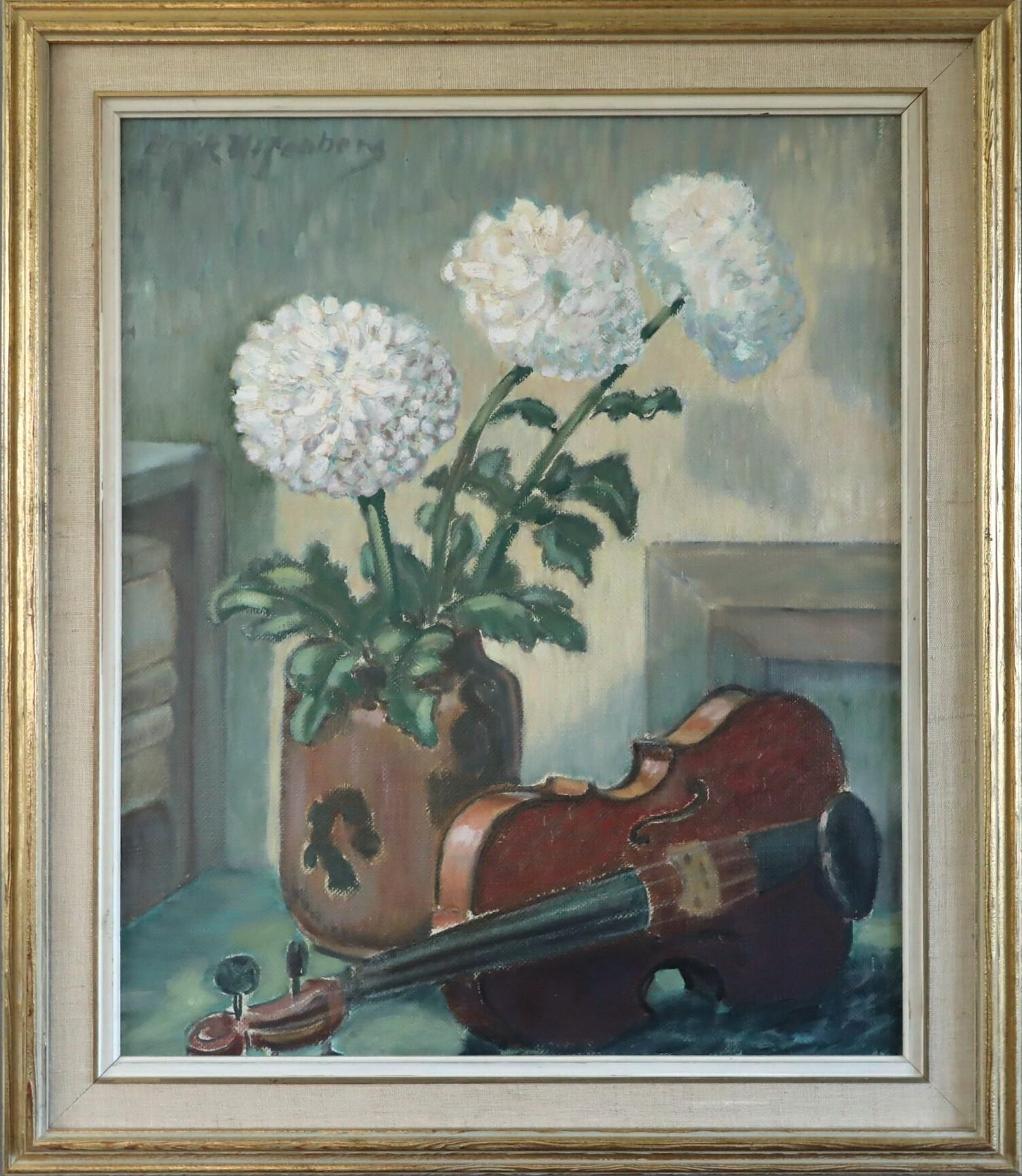 Mid Century Modern Swedish Expressive Still Life Oil Painting - Violin 
Flowers