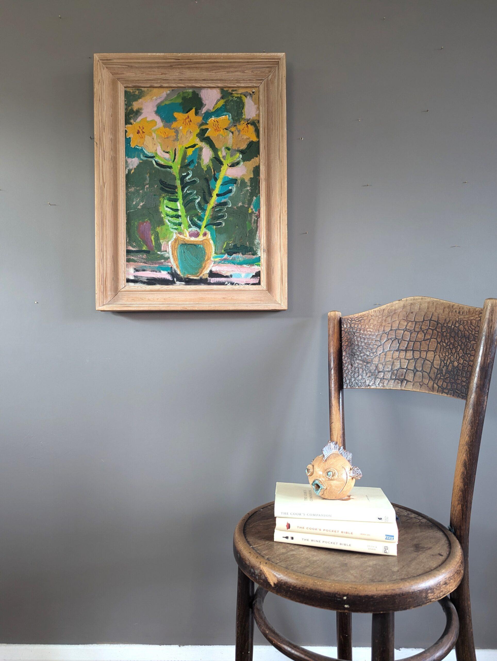 Mid Century Modern Swedish Expressive Still Life Oil Painting - Yellow Flowers For Sale 1