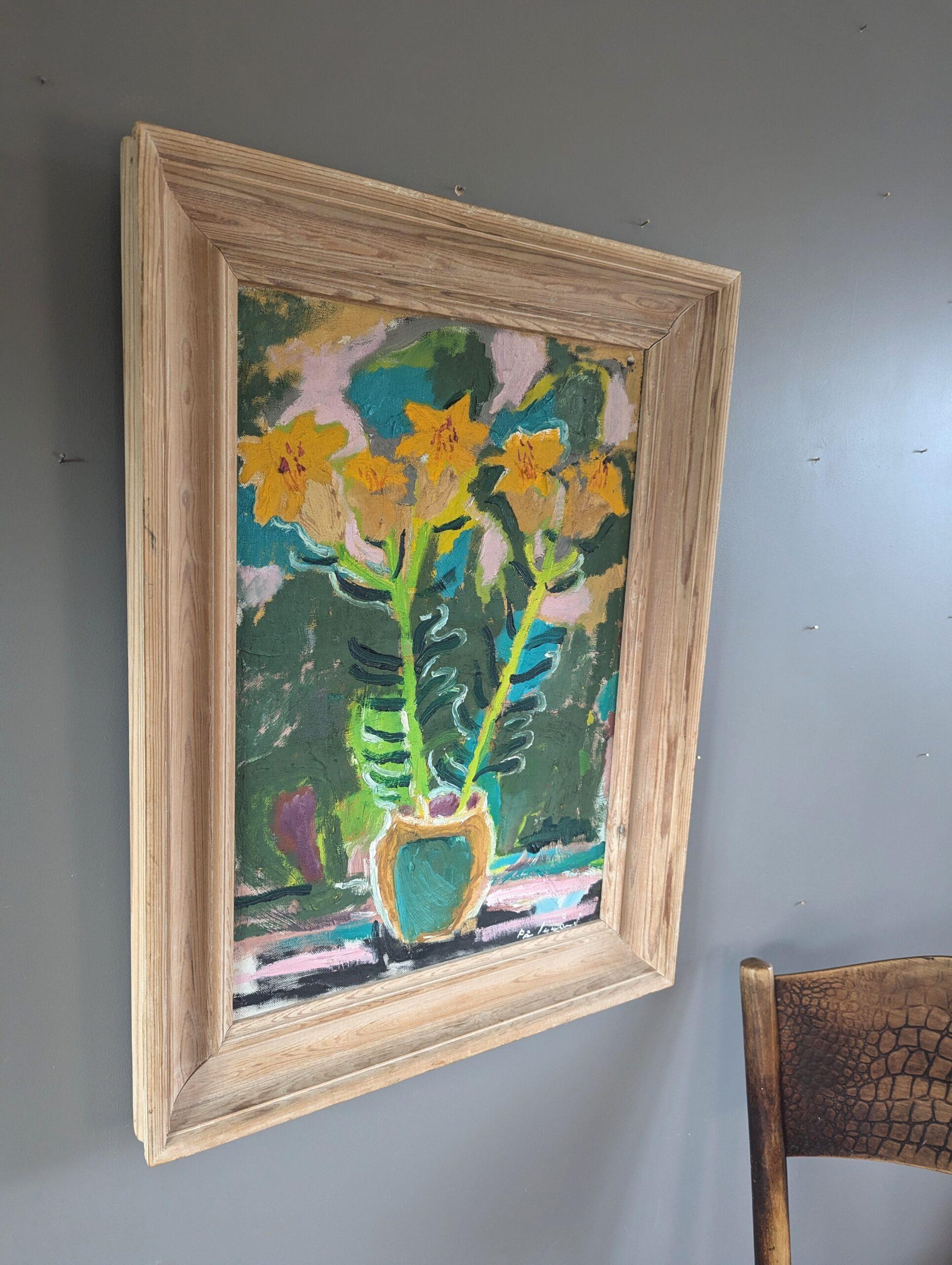 Mid Century Modern Swedish Expressive Still Life Oil Painting - Yellow Flowers For Sale 2