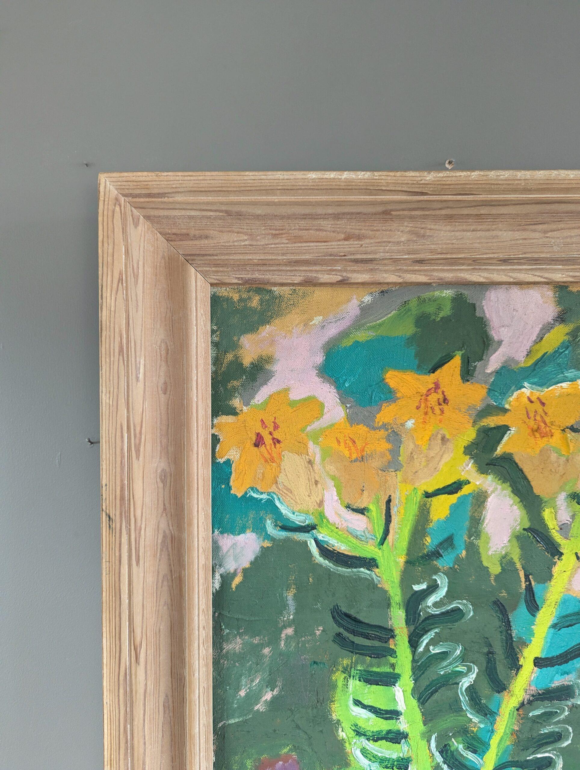 Mid Century Modern Swedish Expressive Still Life Oil Painting - Yellow Flowers For Sale 4