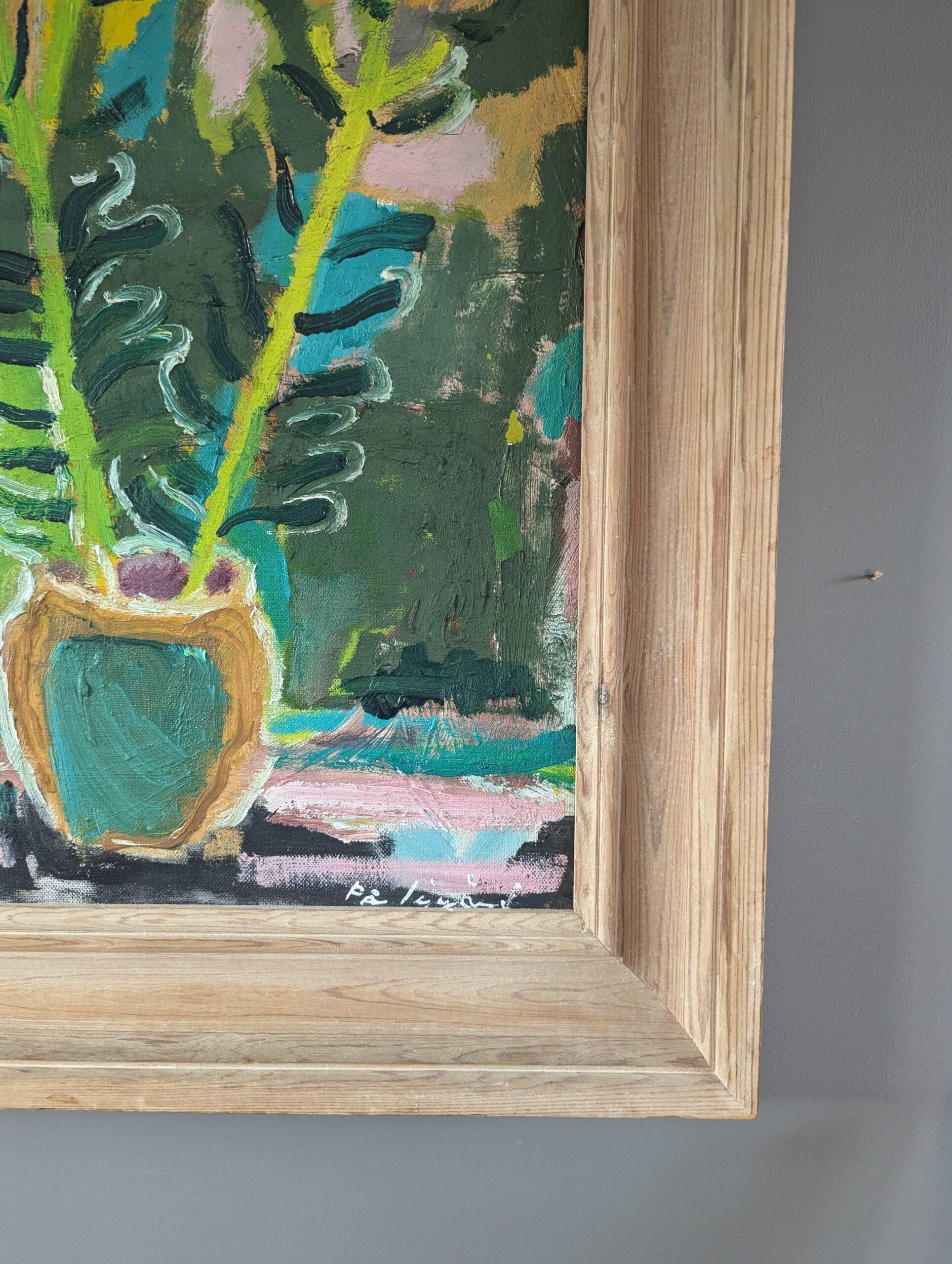 Mid Century Modern Swedish Expressive Still Life Oil Painting - Yellow Flowers For Sale 5