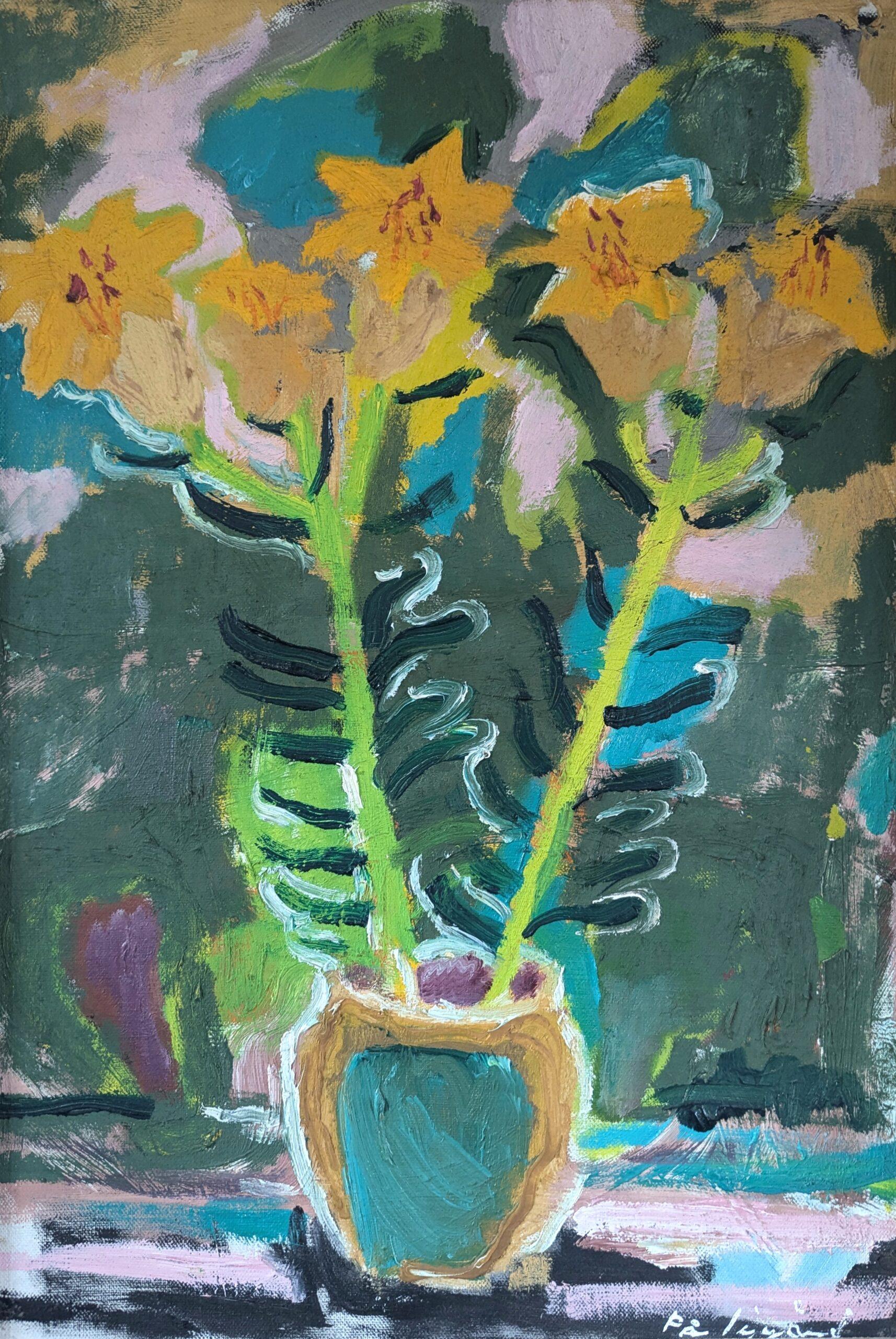 Mid Century Modern Swedish Expressive Still Life Oil Painting - Yellow Flowers For Sale 6