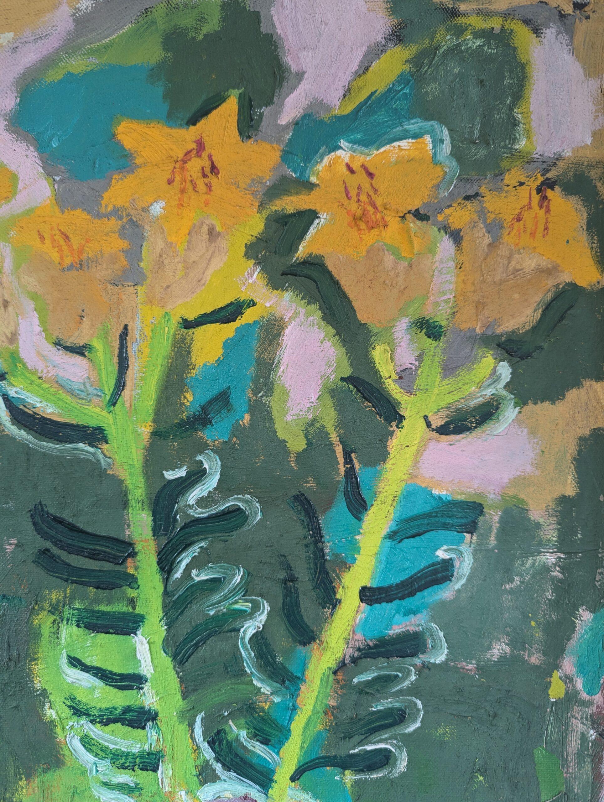 Mid Century Modern Swedish Expressive Still Life Oil Painting - Yellow Flowers For Sale 7