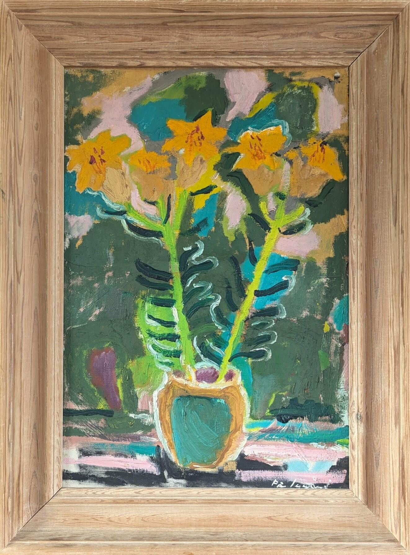 Unknown Still-Life Painting - Mid Century Modern Swedish Expressive Still Life Oil Painting - Yellow Flowers