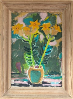 Peinture à l'huile de nature morte suédoise expressive du milieu du siècle dernier - Fleurs jaunes